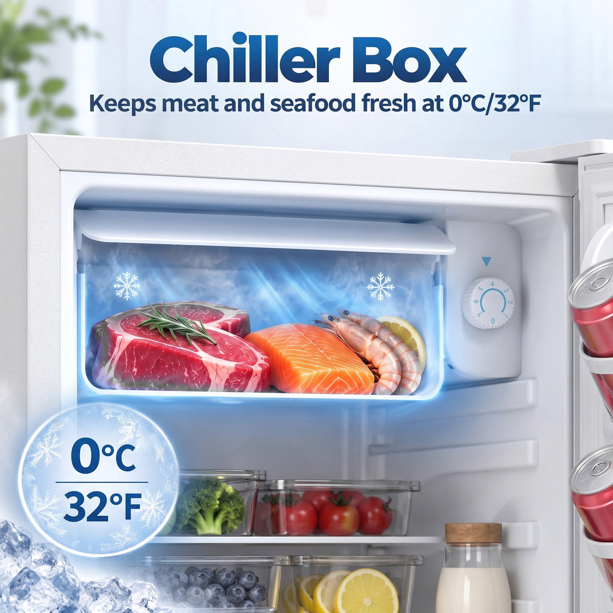 HOMCOM 73 L Mini Fridge with Chiller Box, Single Door Compact Refrigerator, Adjustable Thermostat, Reversible Door, White