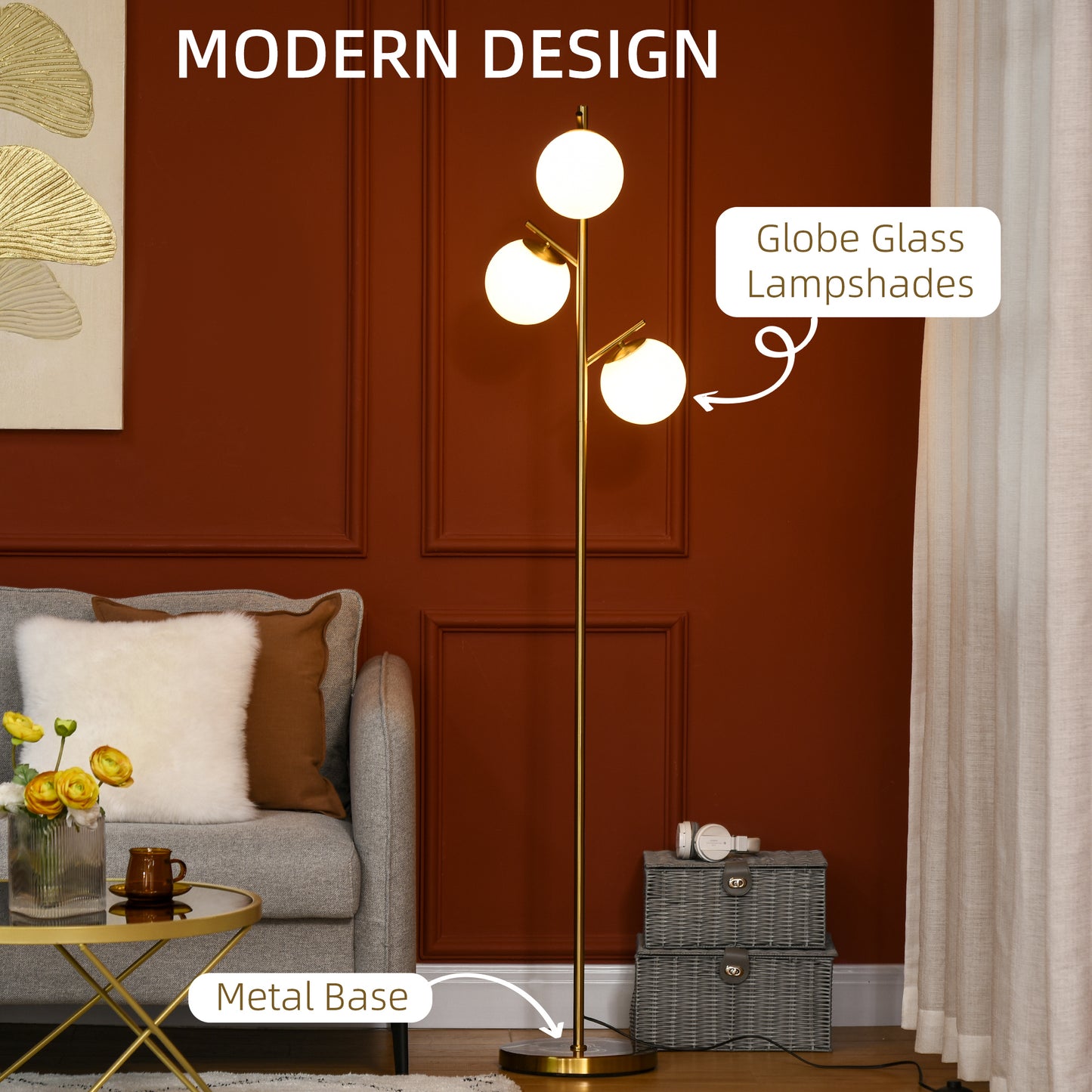 HOMCOM 3-Light Tree Floor Lamp, Modern Standing Lamp with Globe Lampshade, 3 Color Temps, Steel Base, Gold Tone