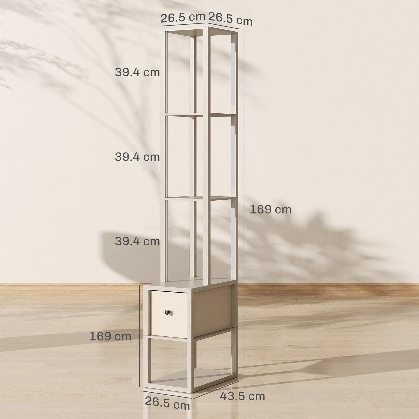 HOMCOM Floor Lamp with Shelves, LED Column Modern Standing Lamp, Adjustable Brightness, Foot Switch, Fabric Drawer, Oak