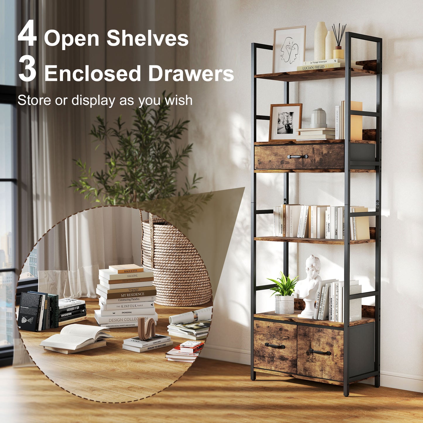 HOMCOM Industrial Bookcase, 6-Tier Tall Bookshelf with 3 Fabric Drawers - Rustic Brown