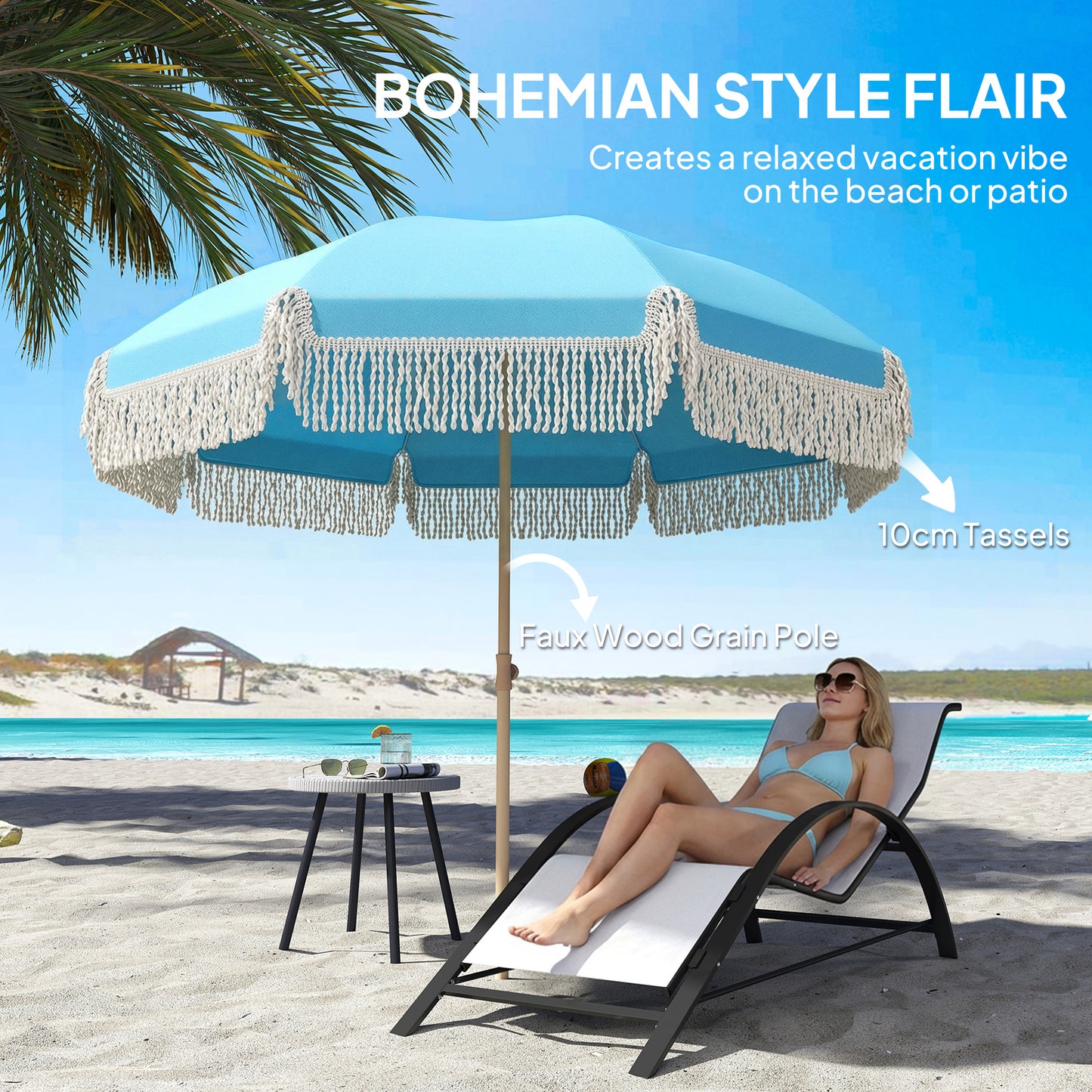 Outsunny 1.7 m Beach Umbrella with Sand Anchor, 30° Tilting Fringed Beach Garden Parasol with Adjustable Height, Grey