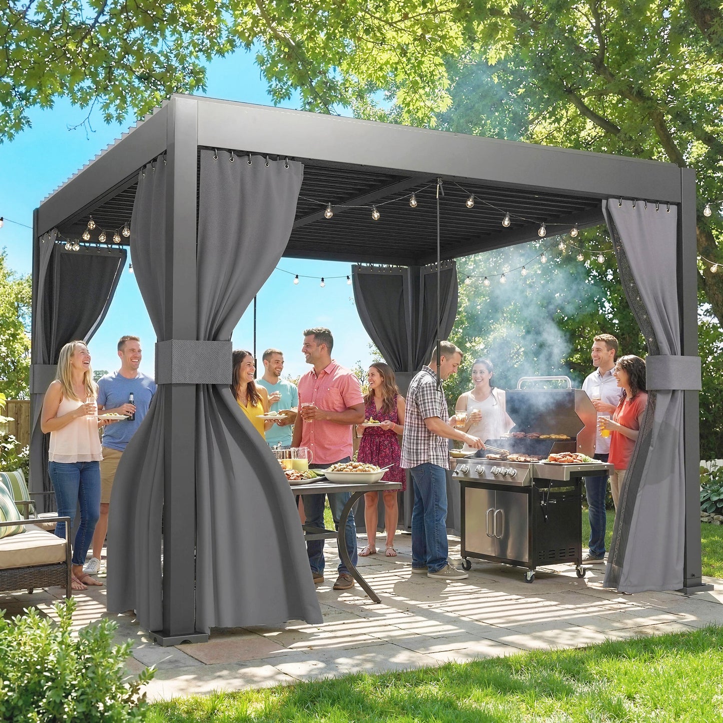 Outsunny 3 x 3 m Louvered Pergola with Adjustable Metal Louvred Roof, Aluminium Patio Gazebo with Netting and Curtains, Dark Grey