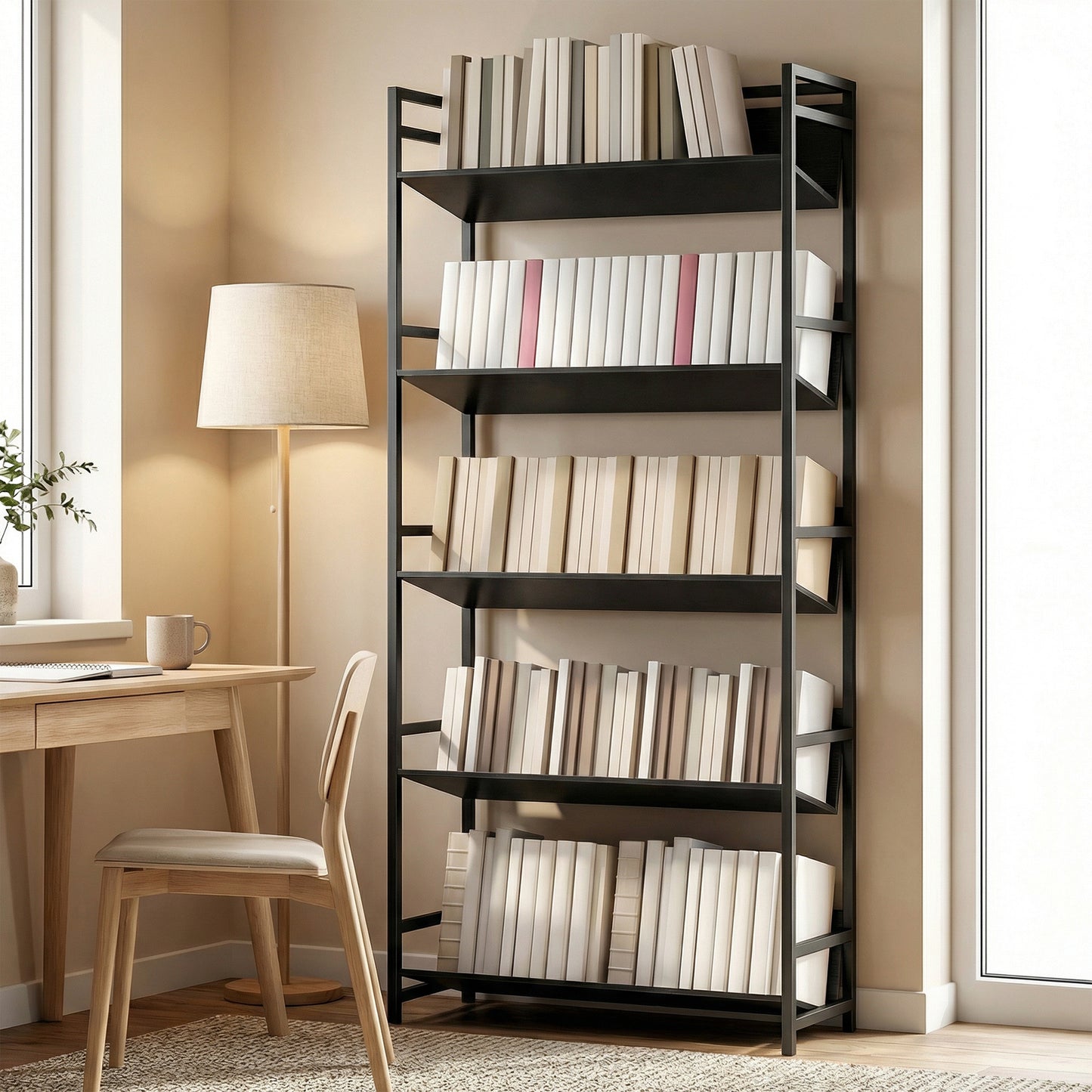 HOMCOM Bookshelf 5-Tier Metal Frame Bookcase Storage Shelves for Living Room Black