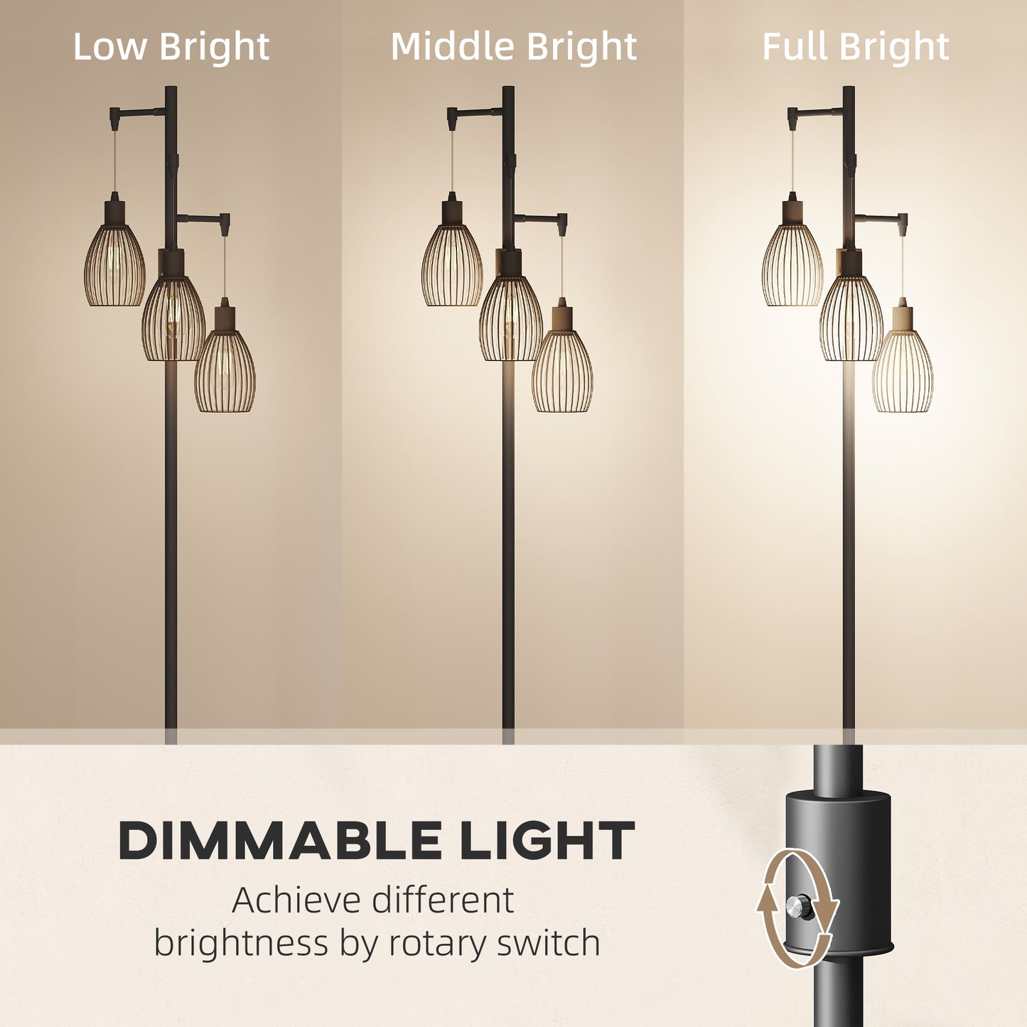 HOMCOM 3-Light LED Floor Lamp, 170cm Industrial Dimmable with Steel Wire Cage Lampshades, 2700K for Living Room, Bedroom, Black