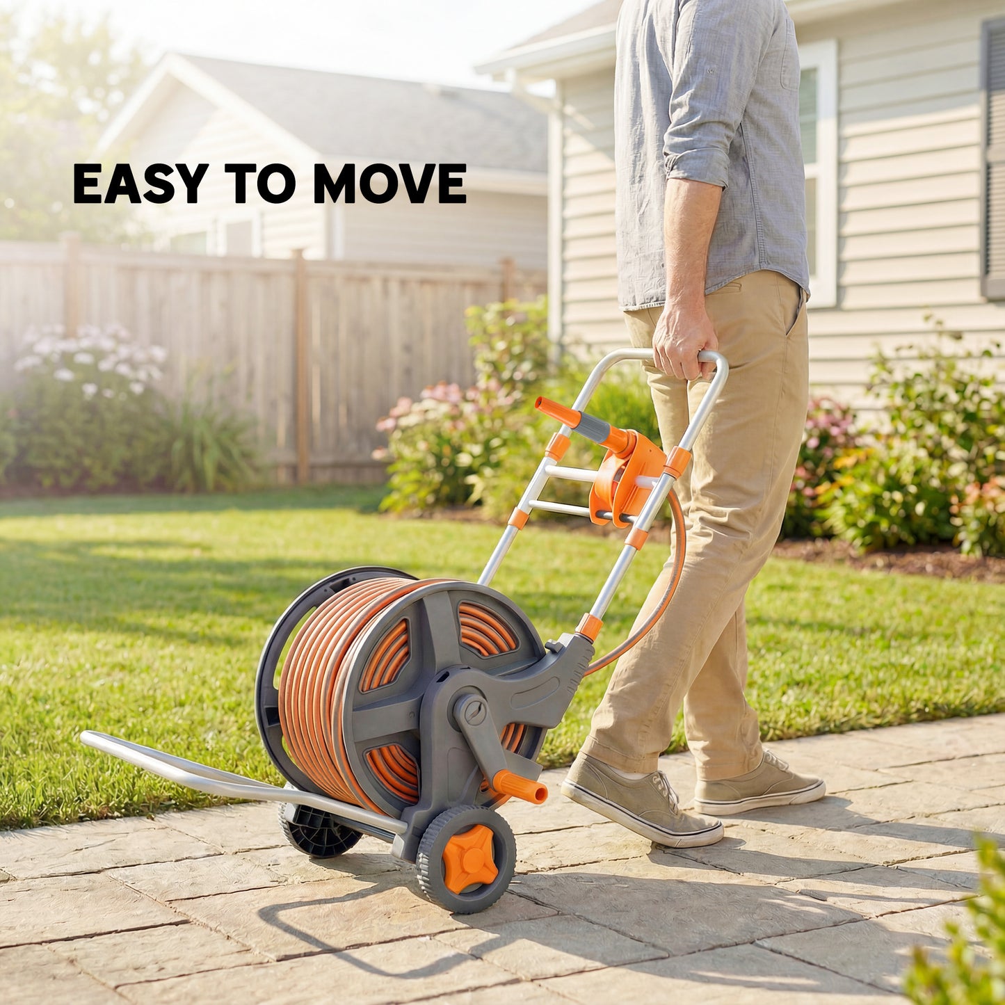 Outsunny Hose Reel Cart with Wheels, 45+2m Garden Hose Reel with 2 Patterns Nozzle, Faucet Adaptors and Rewind Handle, Orange