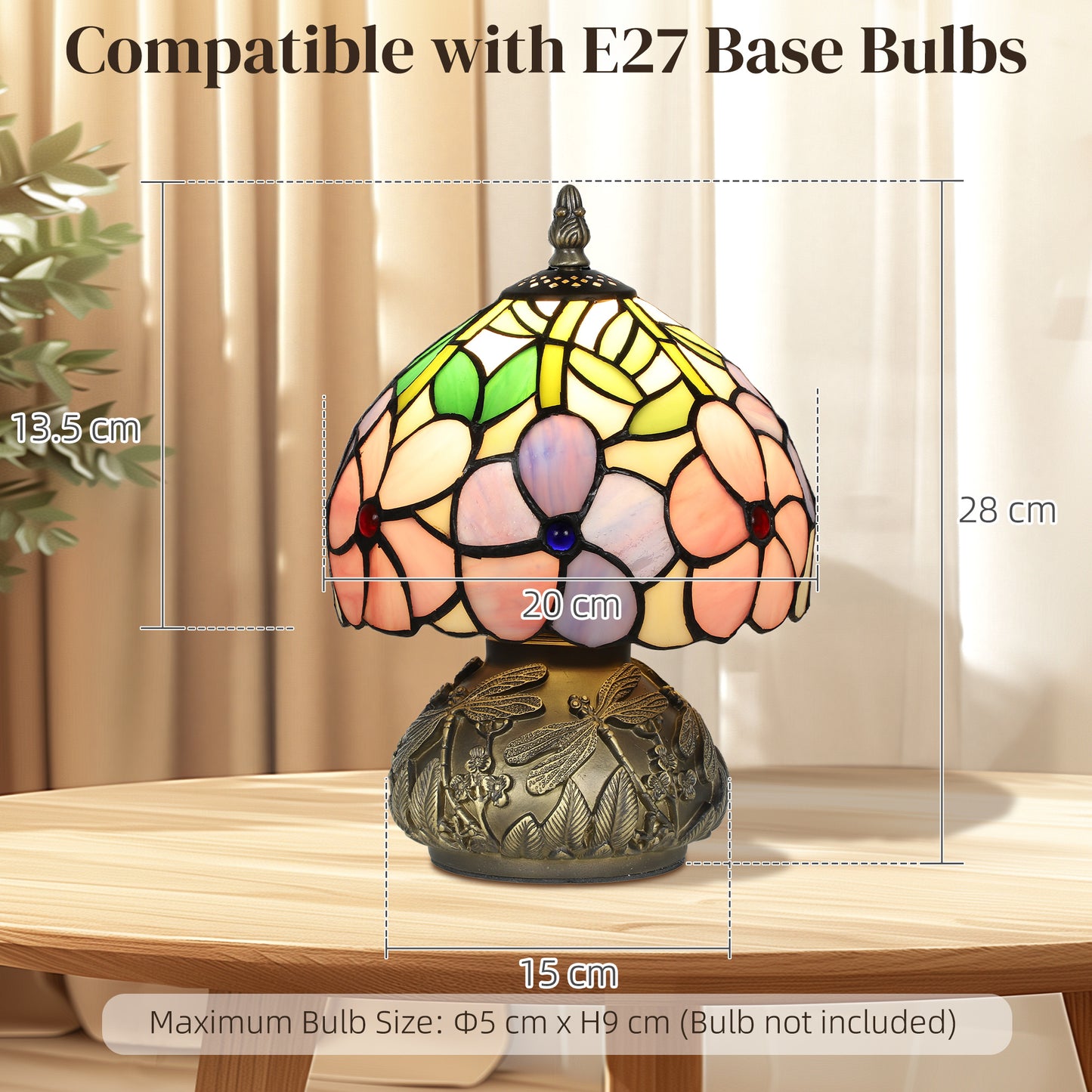 HOMCOM Tiffany-Style Table Lamp, Sculpted Dragonfly Base, Handcrafted Stained Glass, E27 Socket, for Living Room/Bedroom, Pink