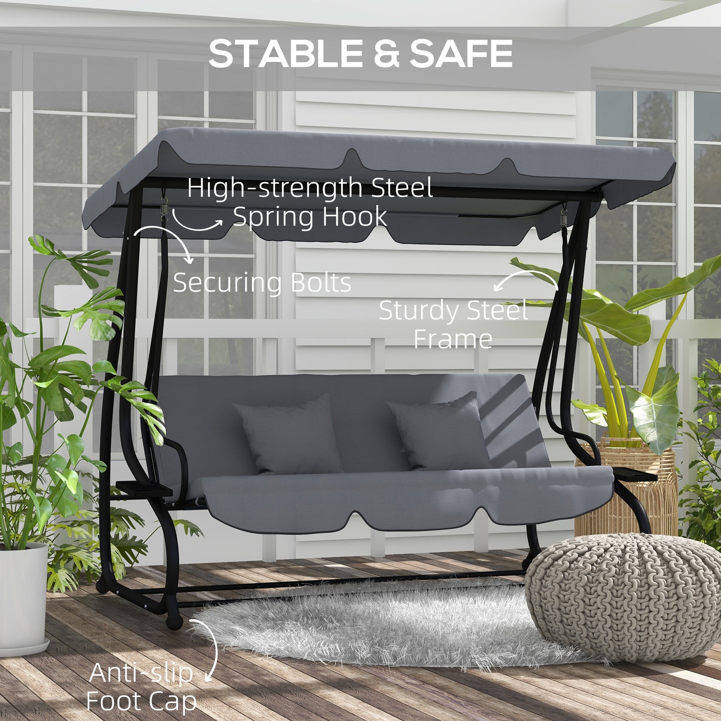 Outsunny Three-Person garden Swing Chair, with Adjustable Canopy - Light Brown