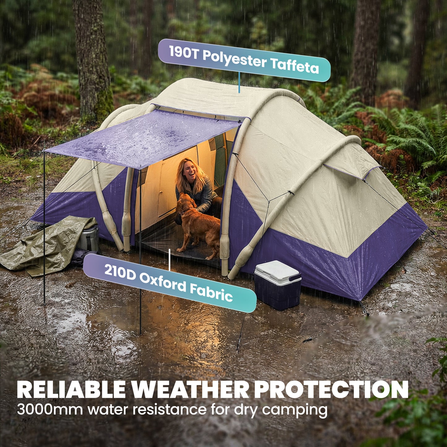 Outsunny Inflatable Tent 2 Bedroom 3000mm Waterproof Windproof Air Tent Carry Bag for 4 Person