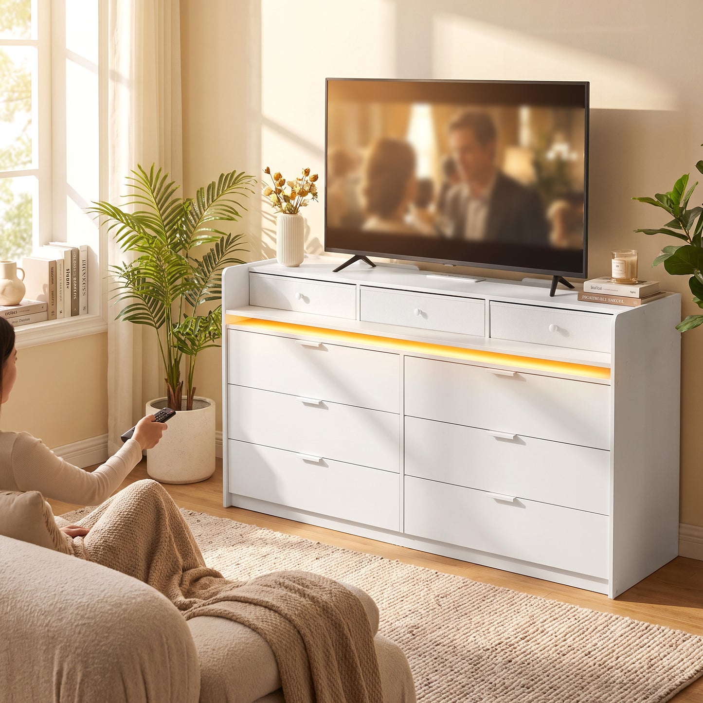HOMCOM Chest of Drawers for Bedroom with LED Light & Charging Station, 9 Drawers Storage Unit/TV Stand, White