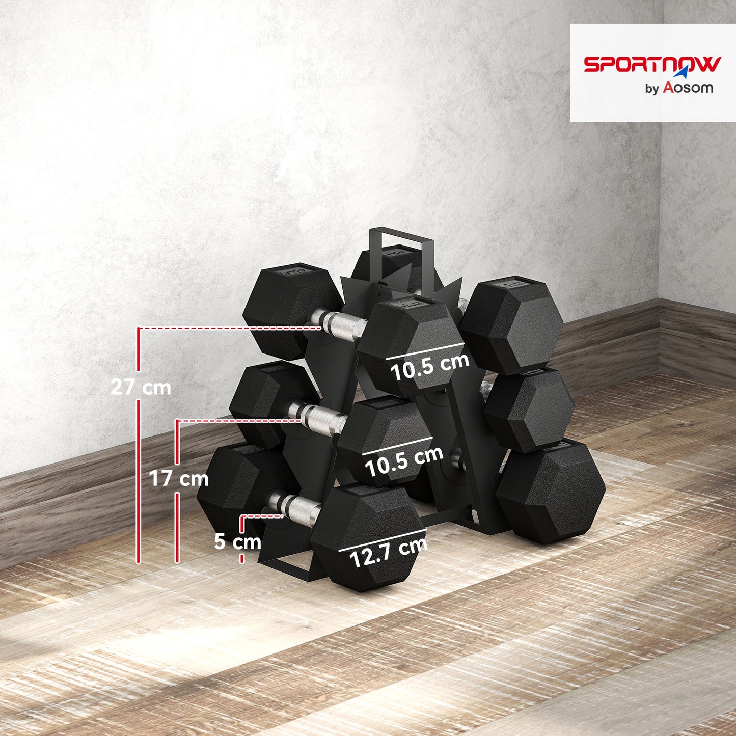 SPORTNOW Hex Dumbbell Set with Rack, Rubber Coated, Non-Slip Chrome Handles, for Home Gym Training, 2x2kg, 2x5kg, 2x8kg, Black