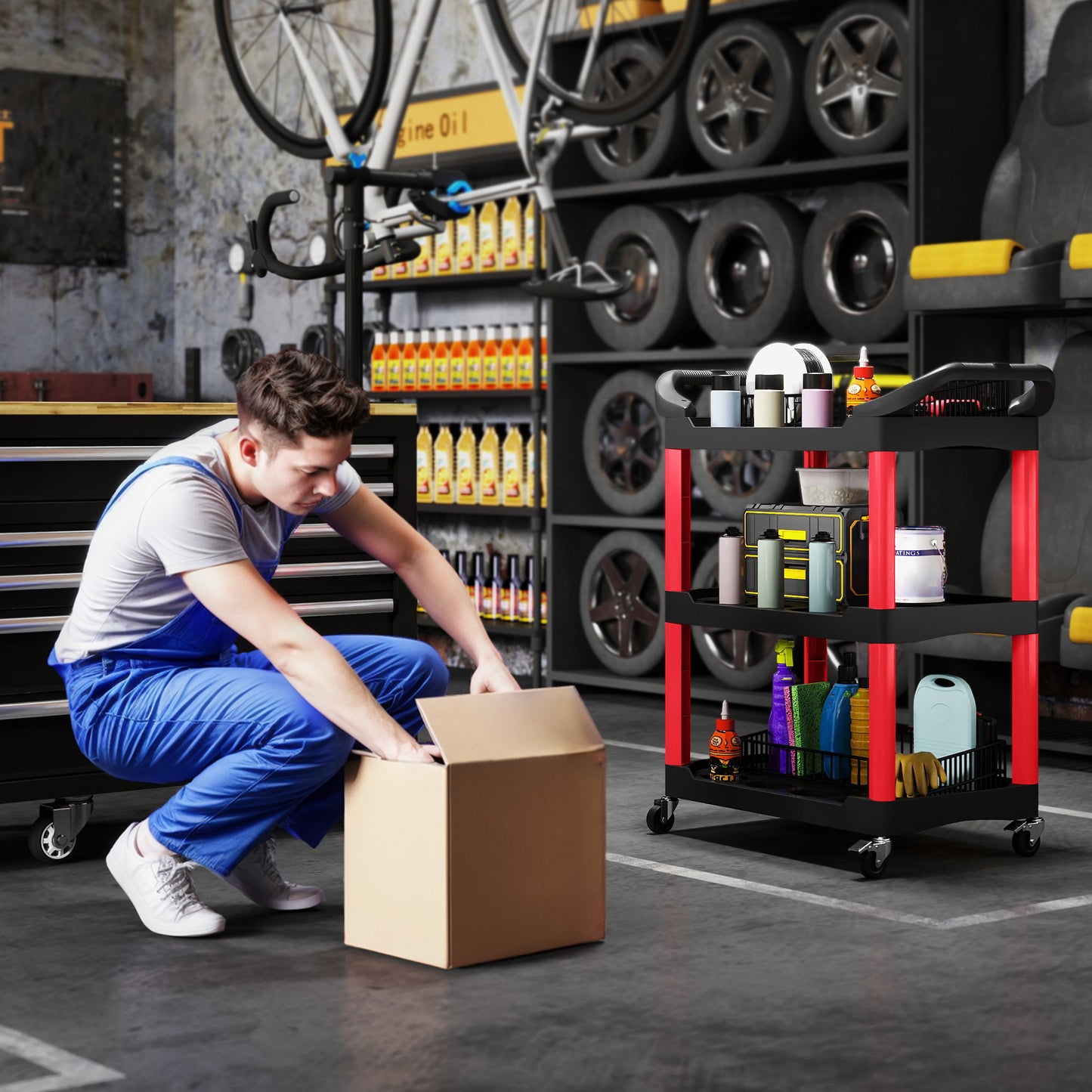 HOMCOM 3-Tier Rolling Tool Cart, Mobile Utility Trolley with Handles, 91kg Capacity for Garage/Mechanics/Warehouse, Black and Red