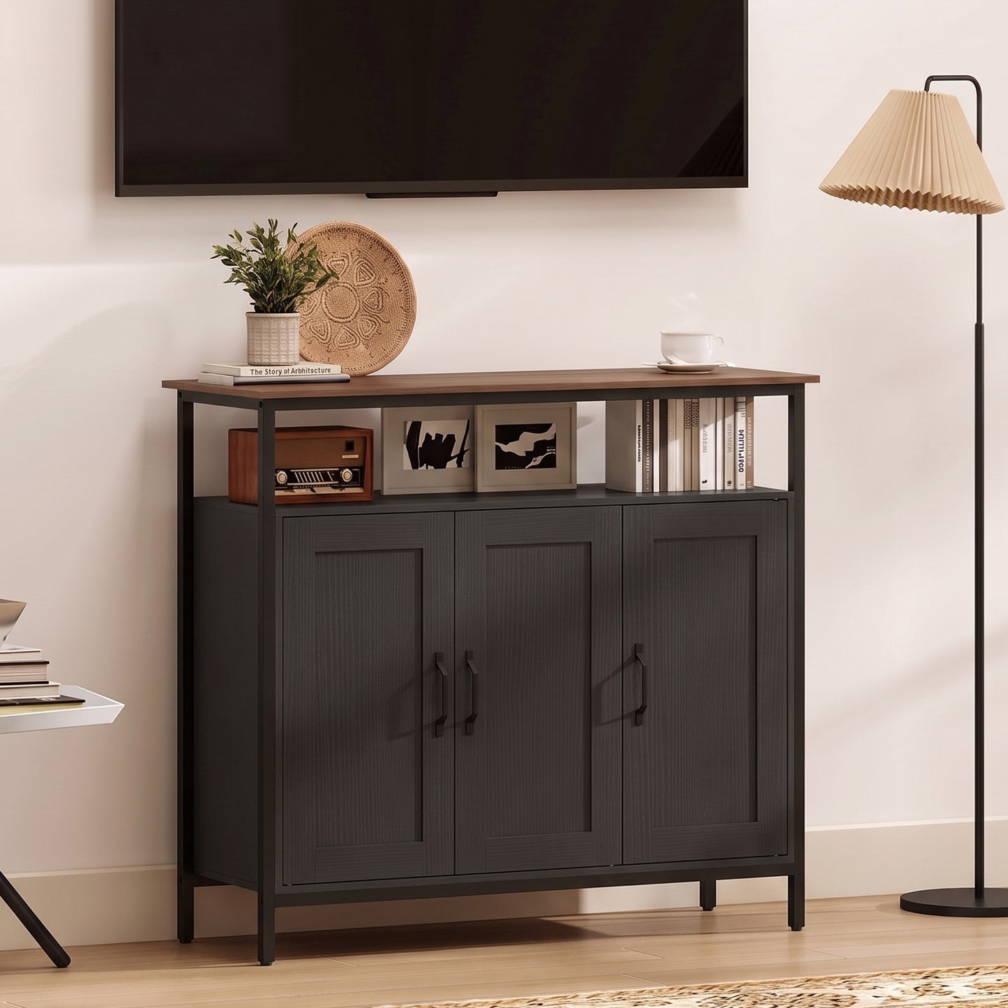 HOMCOM Industrial Kitchen Sideboard with Open Shelf, 2 Cabinets, Adjustable Shelves for Living Room, Dining Room, Black