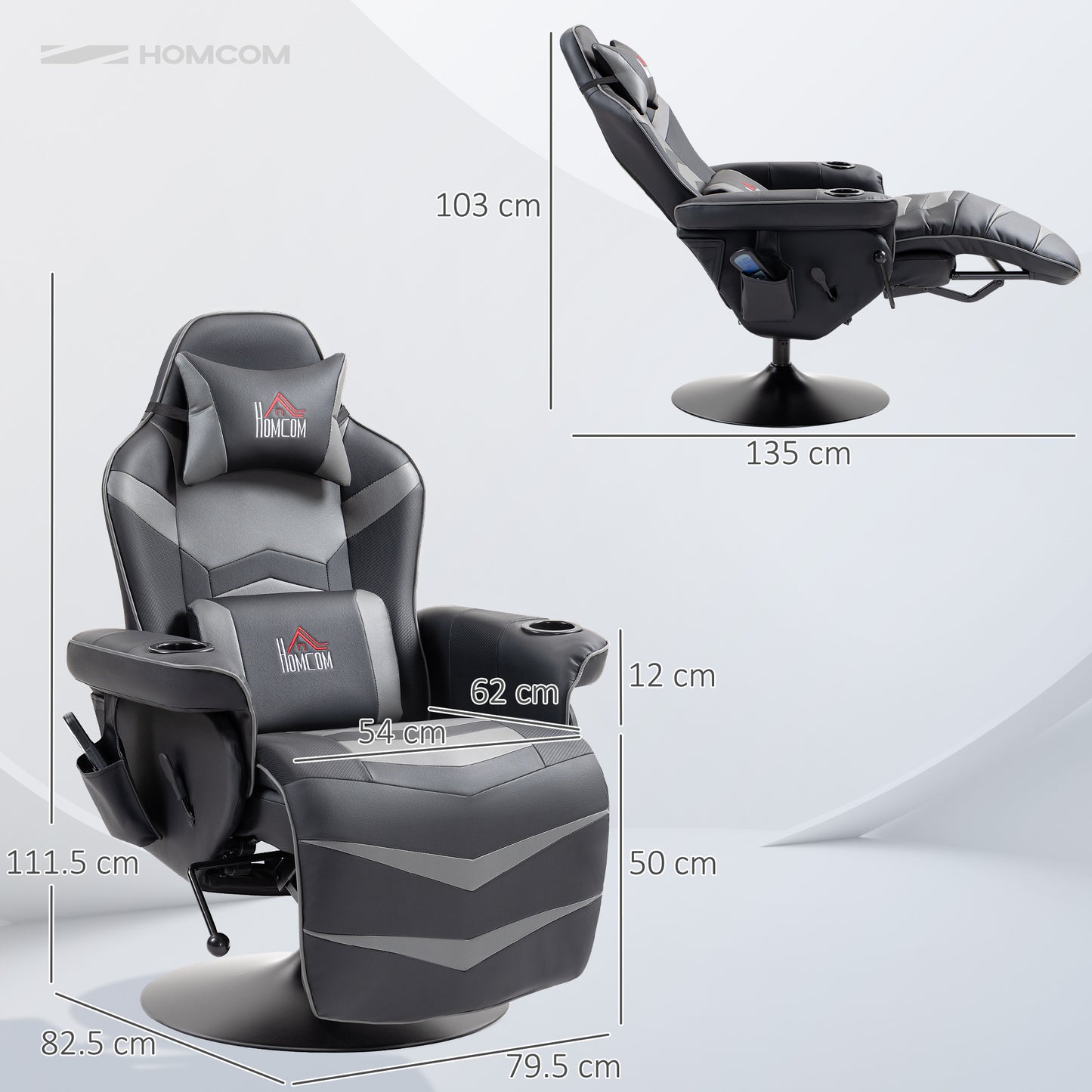 HOMCOM Massage Recliner Chair with Remote, PU Leather Armchair with Cup Holders, Side Pockets, Headrest, 360° Swivel, Lumbar Support, Grey