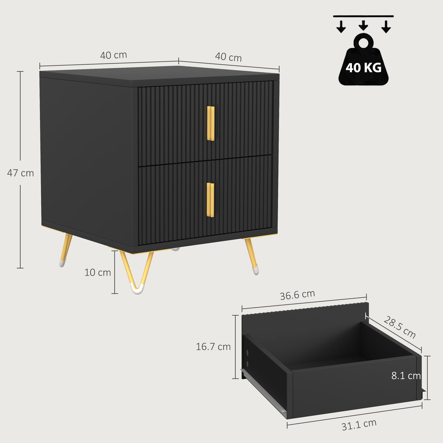 HOMCOM Elegant Fluted Bedside Table - Black/Gold-Tone