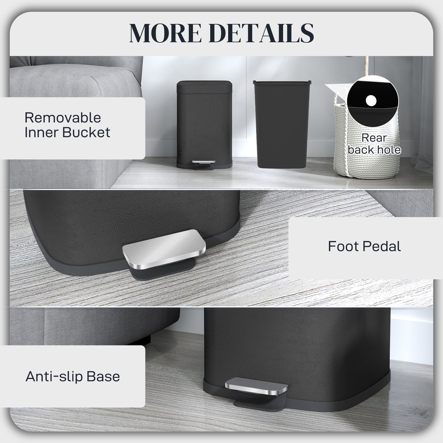 HOMCOM 12L Modern Boxy Metal Home Kitchen Bin - Black