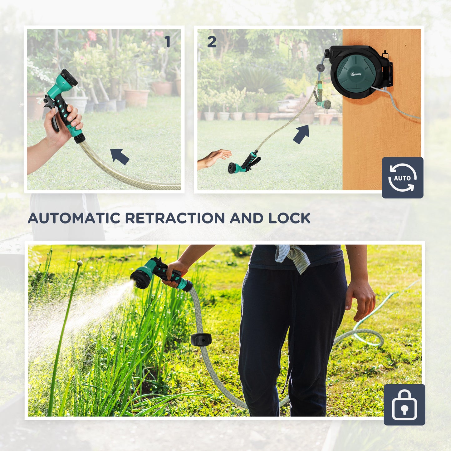 Outsunny Wall-Mounted Hose Reel 30+2m Auto Rewind Green