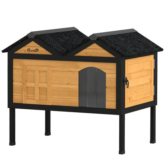 PawHut Wooden Cat House Outdoor Indoor with Weatherproof Asphalt Roof, Side Cleaning Door, PVC Curtain