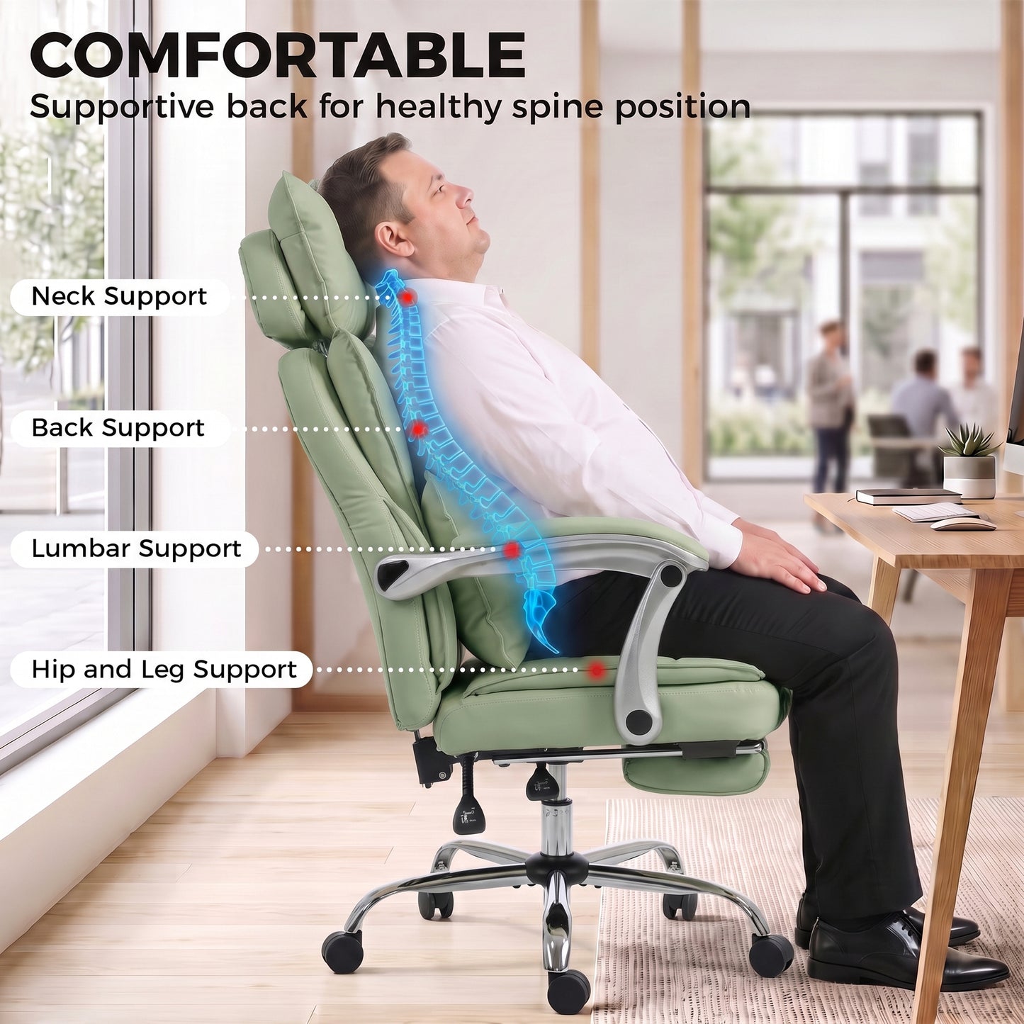 HOMCOM Executive Office Chair, PU Big and Tall Office Chair 180 kg with Wide Seat, Reclining, Lumbar Support, Light Green