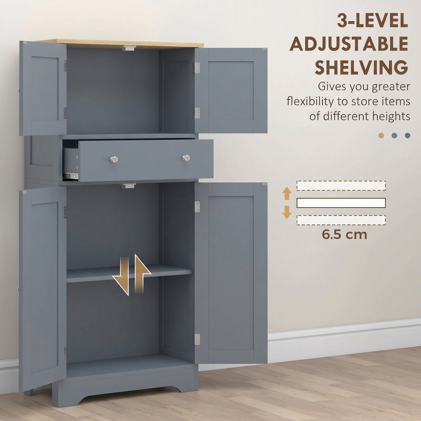 HOMCOM Kitchen Cupboard, Modern Freestanding Kitchen Storage Cabinet with Doors and Shelves, Grey Blue