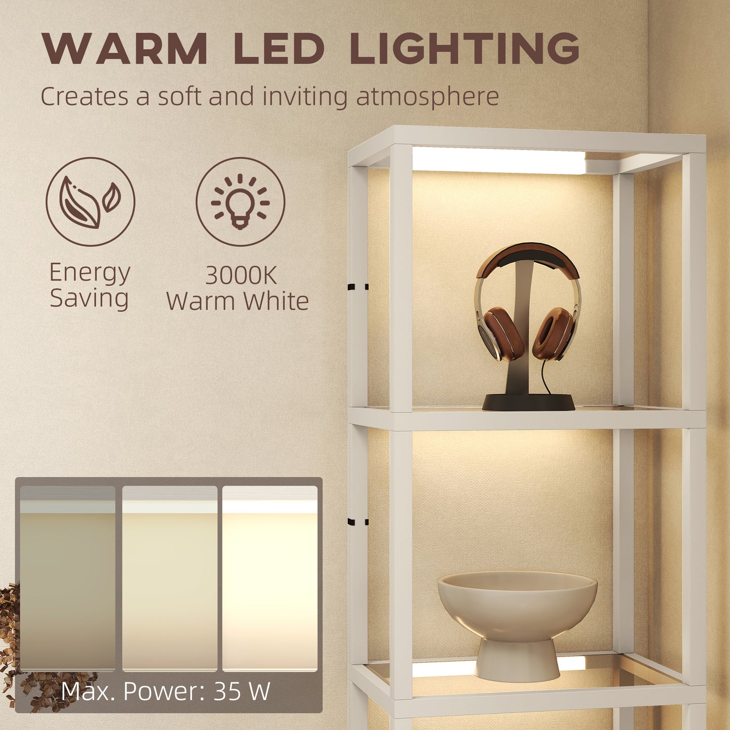 HOMCOM LED Floor Lamp with Glass Shelves, 4-Tier Dimmable Standing Light, Modern Shelf Lamp for Living Room, Bedroom, Office, Oak