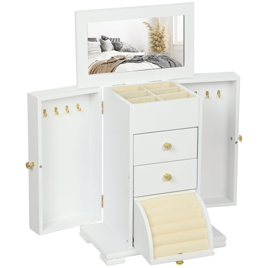 HOMCOM 4-Tier Jewellery Box with Mirror and 2 Drawers - White