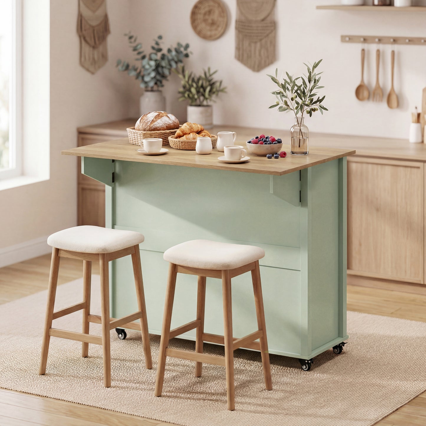 HOMCOM Kitchen Island with Drop Leaf Tabletop Kitchen Island on Wheels Storage Cabinet Shelf Trolley Light Green