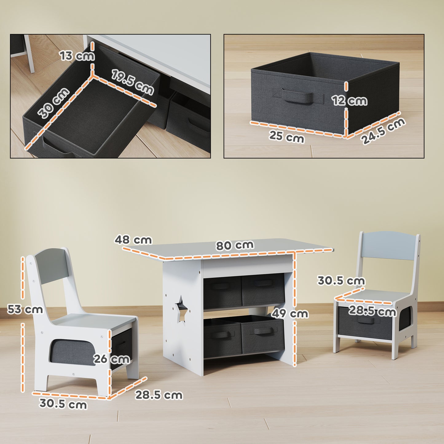 AIYAPLAY Kids Table and Chair Set, Toddler Table and 2 Chairs Set with 6 Removable Drawers, for Boys Girls Ages 3-8, Light Grey