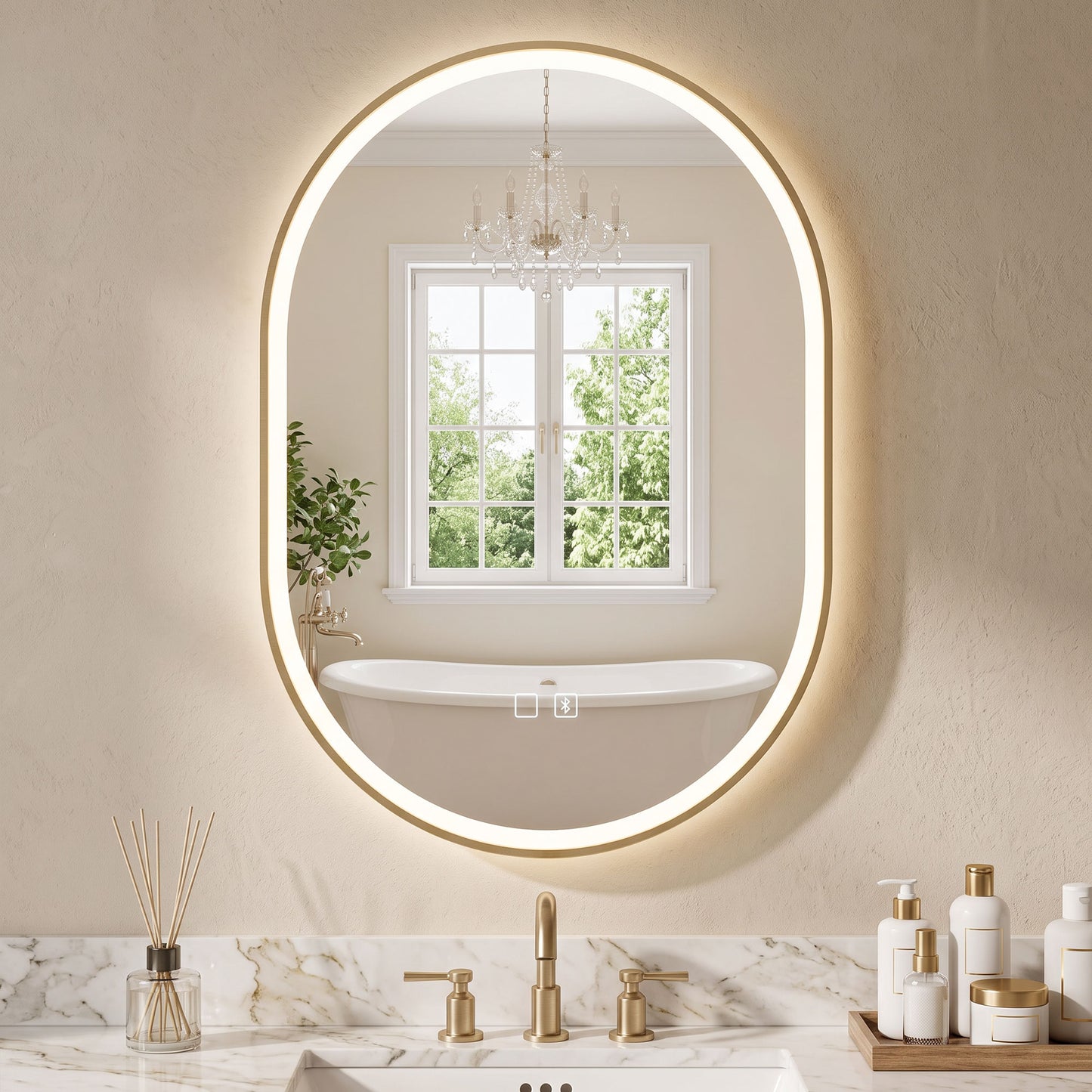 HOMCOM Bathroom Mirror with LED Lights, 100x70cm Oval Bathroom Mirror, Dimmable, Bluetooth, Anti-Fog, Gold Tone