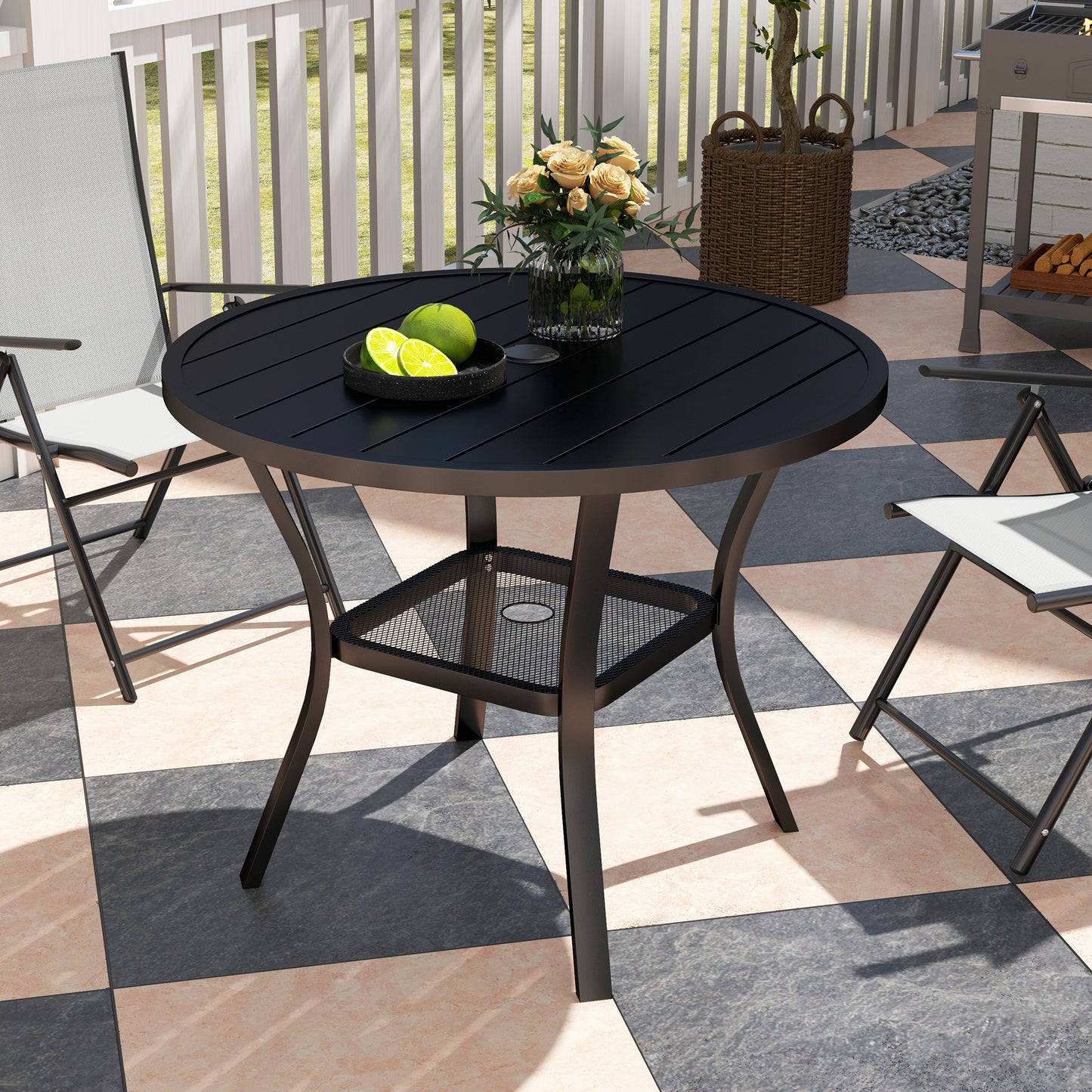 Outsunny 90 cm Round Steel Garden Dining Table with Parasol Hole, Slatted Metal Top, Wire Shelf, Black