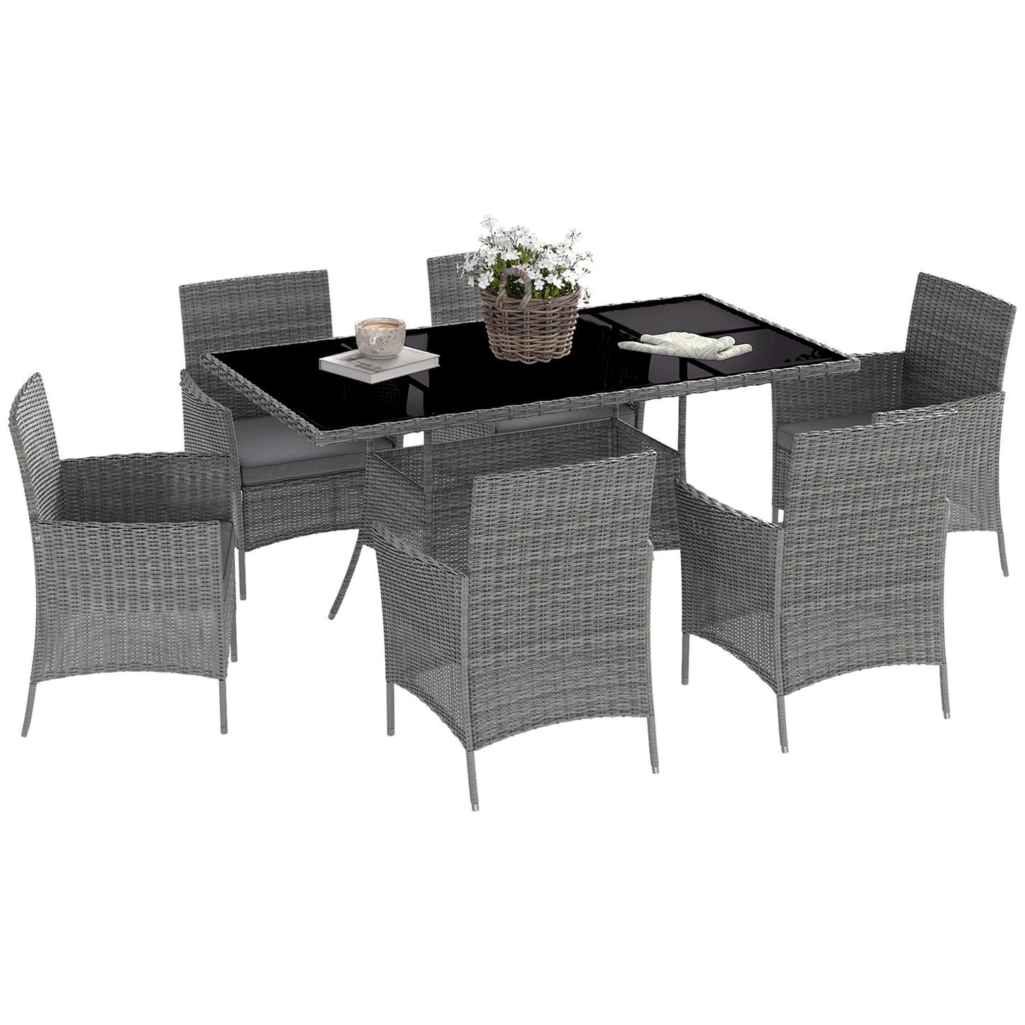 Outsunny 7-Piece Rattan Garden Furniture Set with Cushions, 6 Seater Table and Chairs, Charcoal Grey
