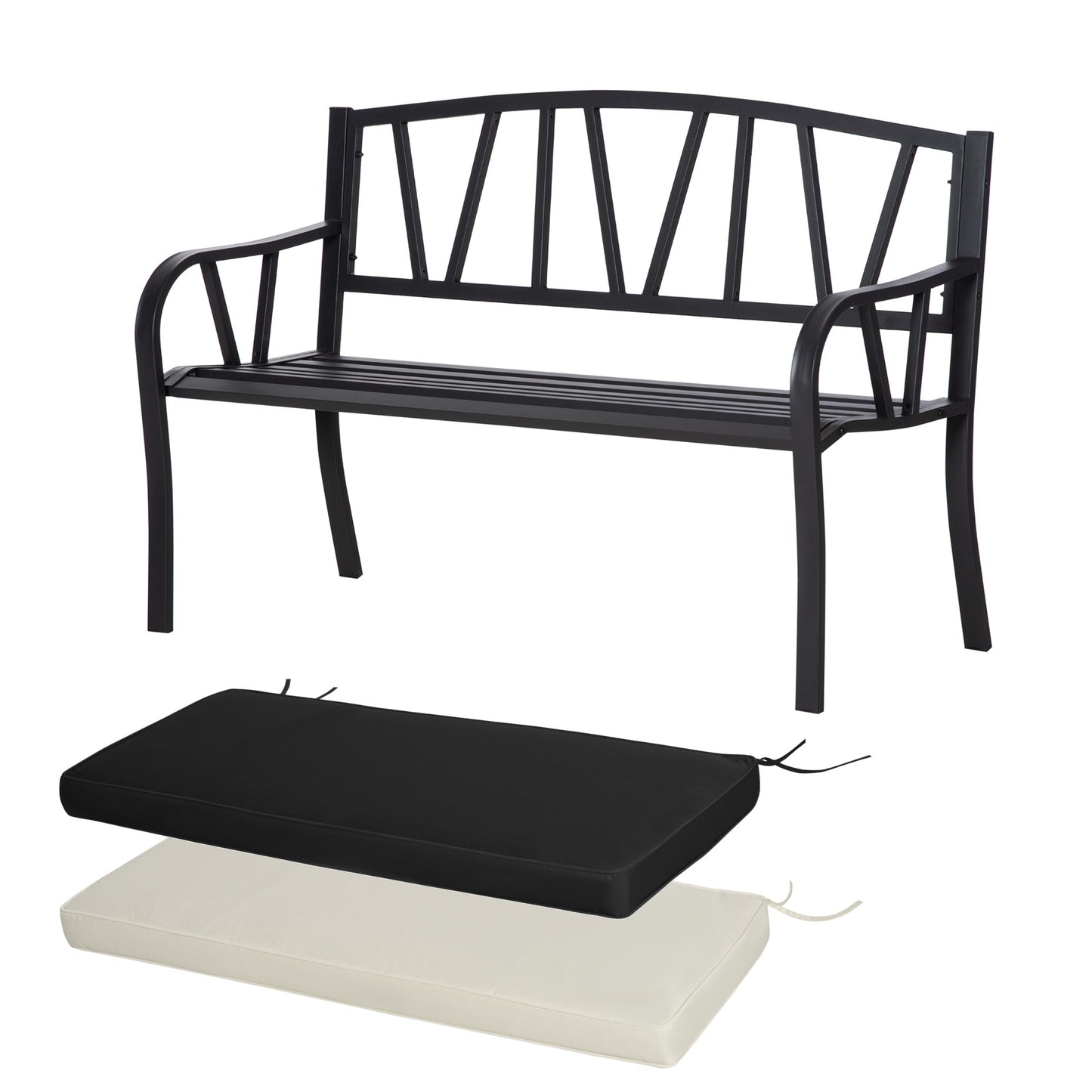 Outsunny 2-Seater Metal Garden Bench, Loveseat with Cushions, Slatted Backrest & Armrests, Cream White/Black