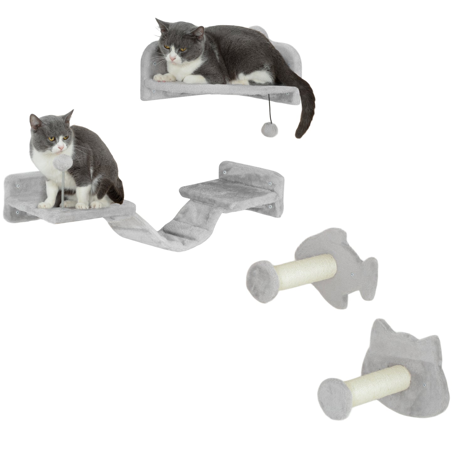PawHut 4PCs Cat Wall Shelves with Steps, Ladder, Jumping Platforms, Light Grey