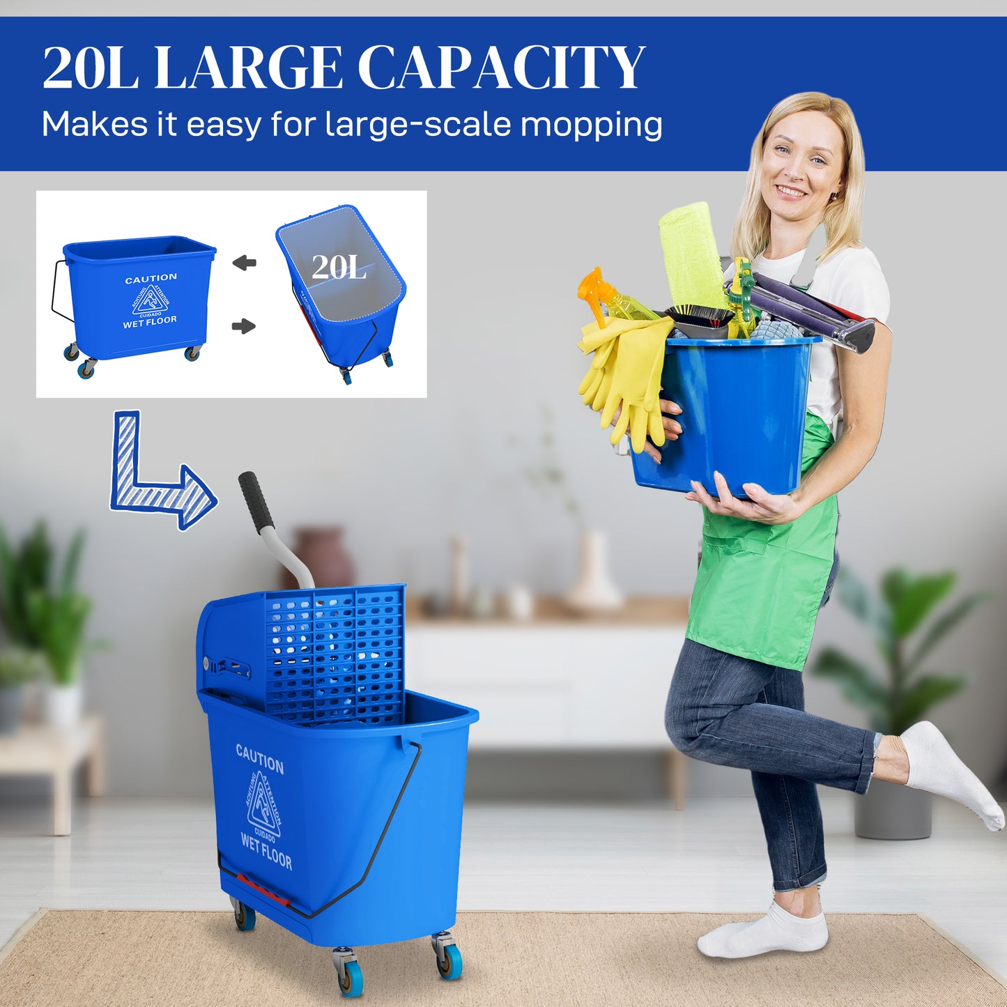 HOMCOM 20L Mop Bucket on Wheels, with Water Separation Panel - Blue