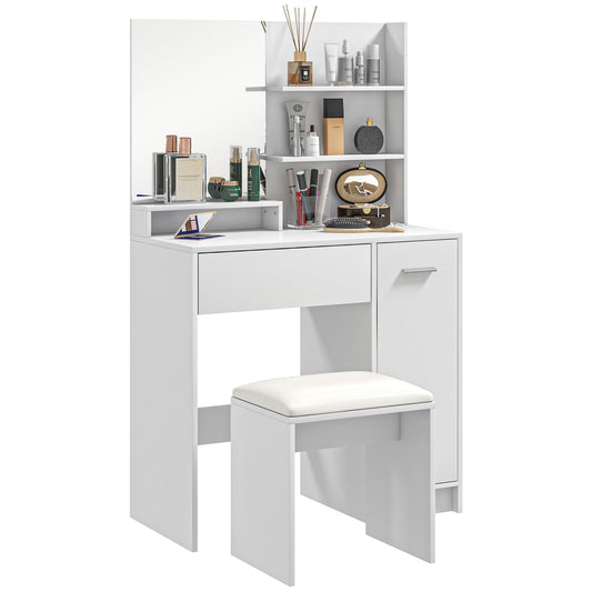 HOMCOM Dressing Table Set with Mirror, Stool, Drawer, Storage Cabinet, Adjustable Shelf, White