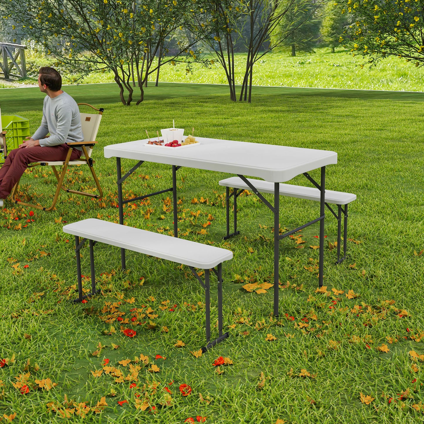 Outsunny 3 Piece Folding Picnic Table & Bench Set, Portable HDPE with Carry Handle for Indoor/Outdoor, Light Grey