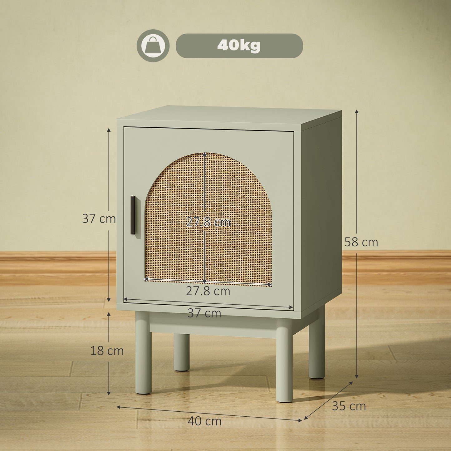 HOMCOM Rattan Bedside Table for Bedroom - Light Green