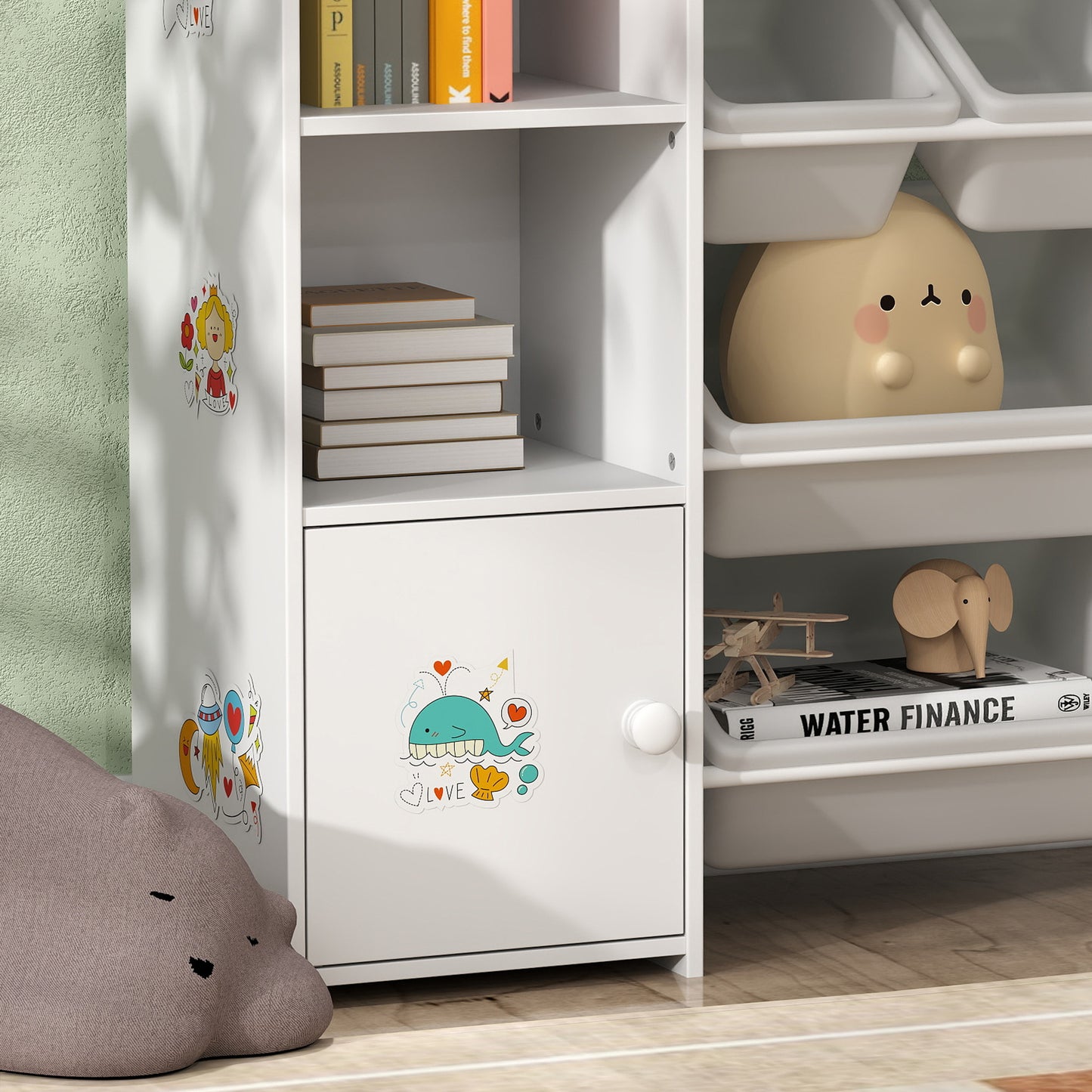 AIYAPLAY Kids Toy Organizers and Storage with 8 Removable Storage Bins and Bookshelf, White