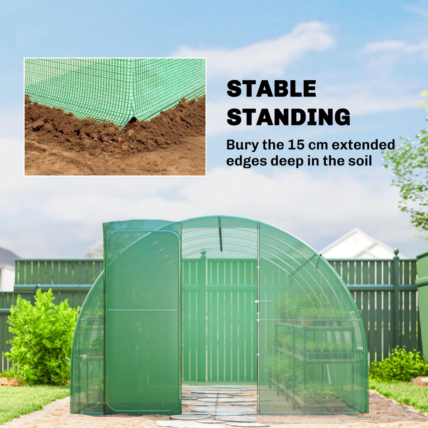 Outsunny 3 x 4 m Walk-in Polytunnel Greenhouse with Hinged Door and 8 Roll Up Mesh Windows, Garden Tunnel Warm House Tent, Green