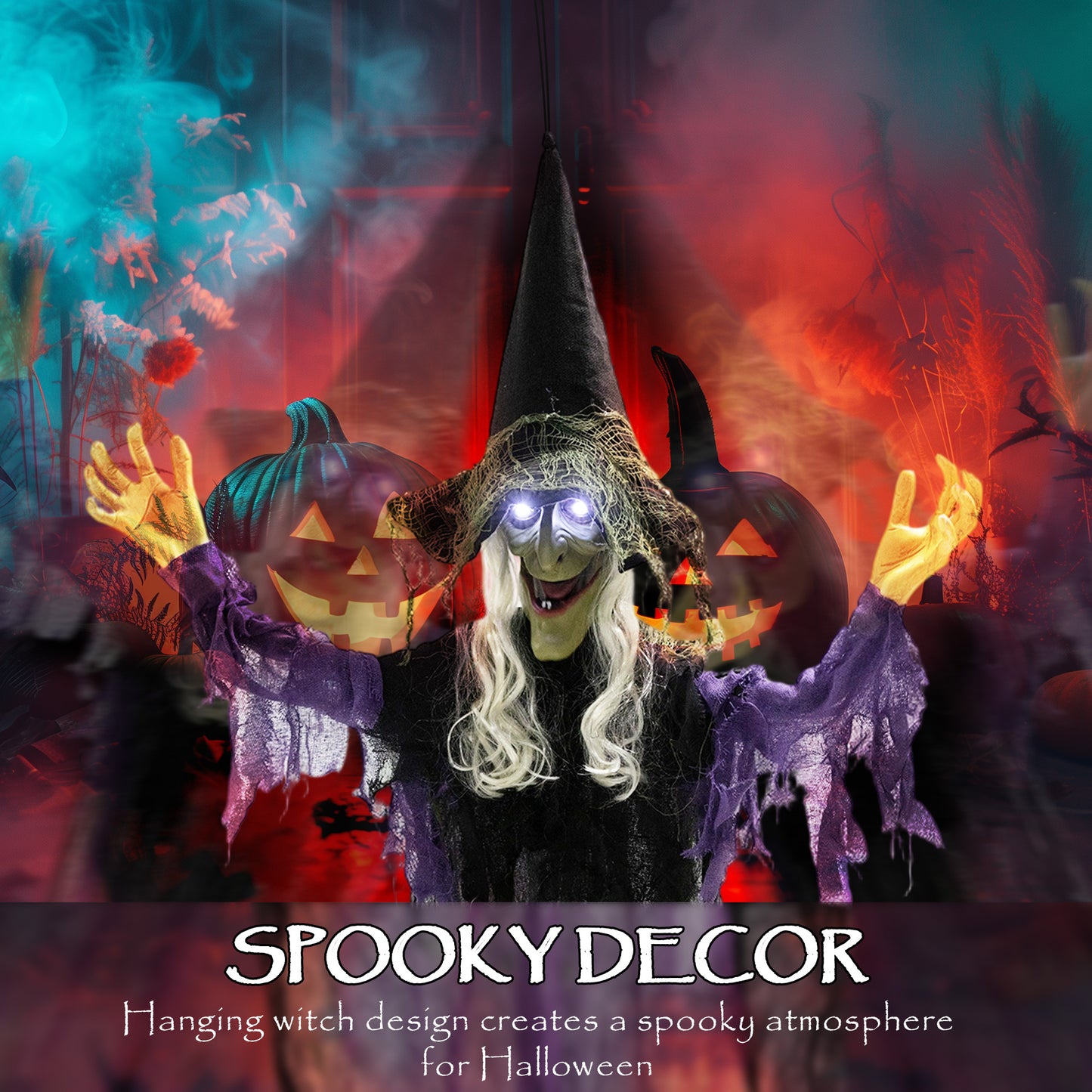 Outsunny Life Size Halloween Animated Hanging Witch, Glowing LED Eyes, Scary Decorations, Battery Operated, Indoor Props, 183 cm, Black