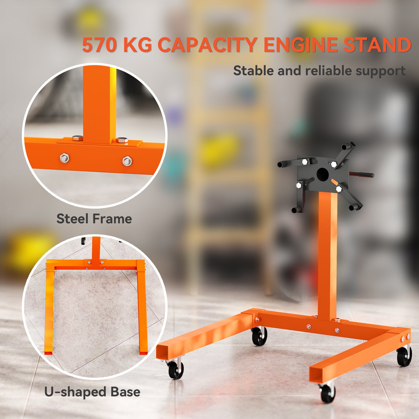 HOMCOM Engine Stand, 570 kg Rotating Head with 4 Mounting Arms, Heavy Duty Steel, Universal Wheels for Garage/Workshop, Orange