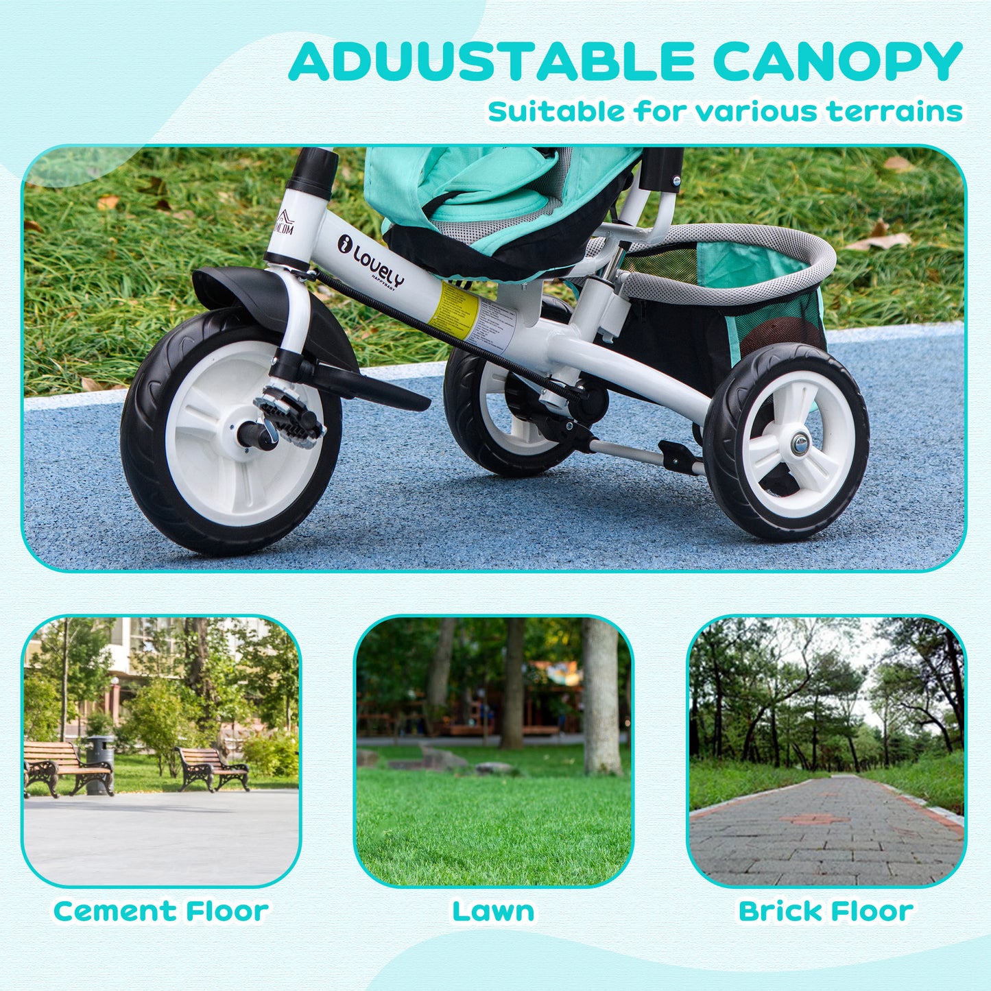 HOMCOM 4 in 1 Kids Trike Push Bike w/ Push Handle Canopy 5-point Safety Belt Storage Footrest Brake for 1-5 Years Green