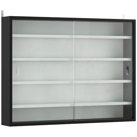 HOMCOM 5-Tier Wall Display Cabinet,  Wall Mounted Display Case w/ 4 Adjustable Shelves, Glass Doors, 60x80cm, Black and White