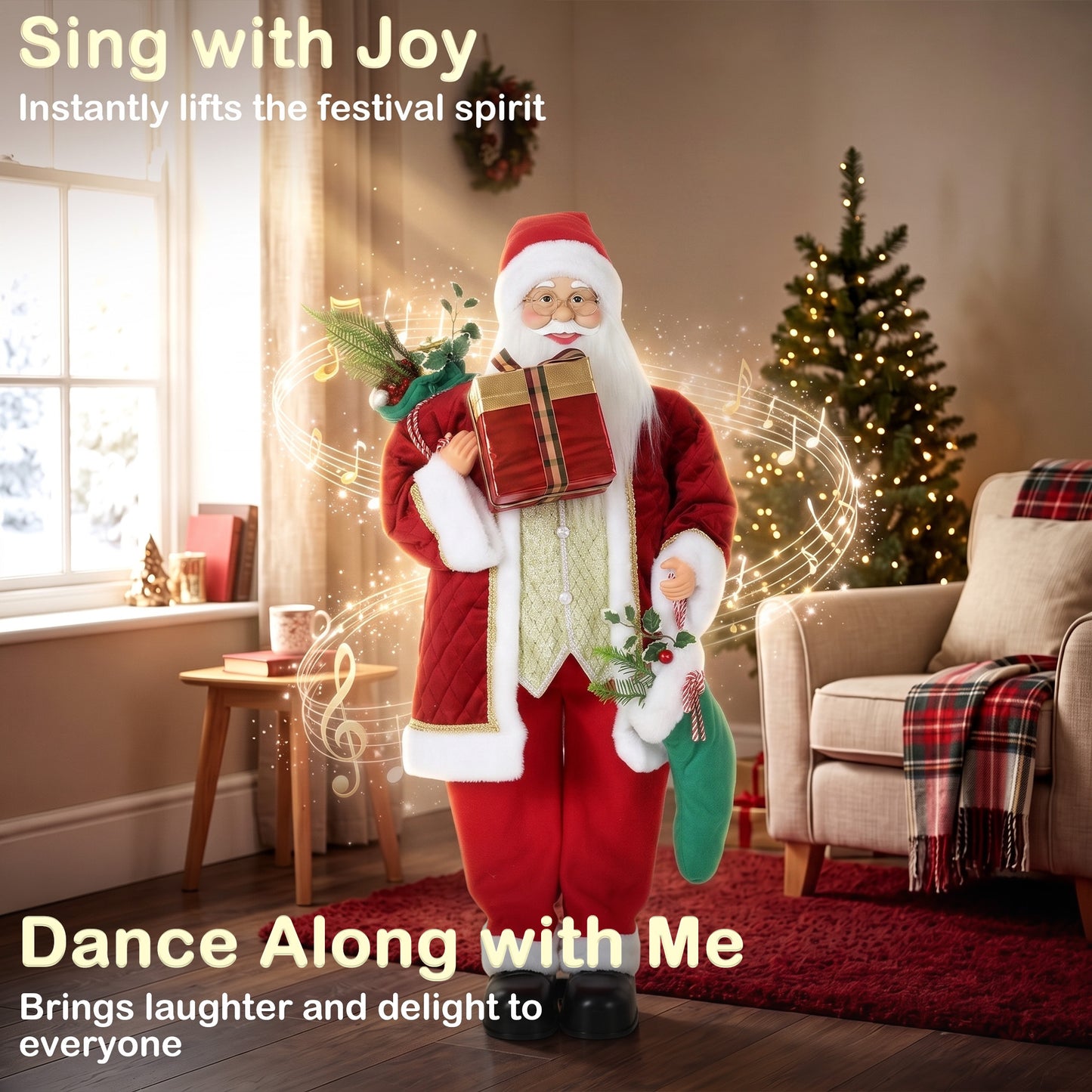 HOMCOM 4ft Life Size Singing Dancing Santa Claus, 120 cm Standing Musical Animated Santa