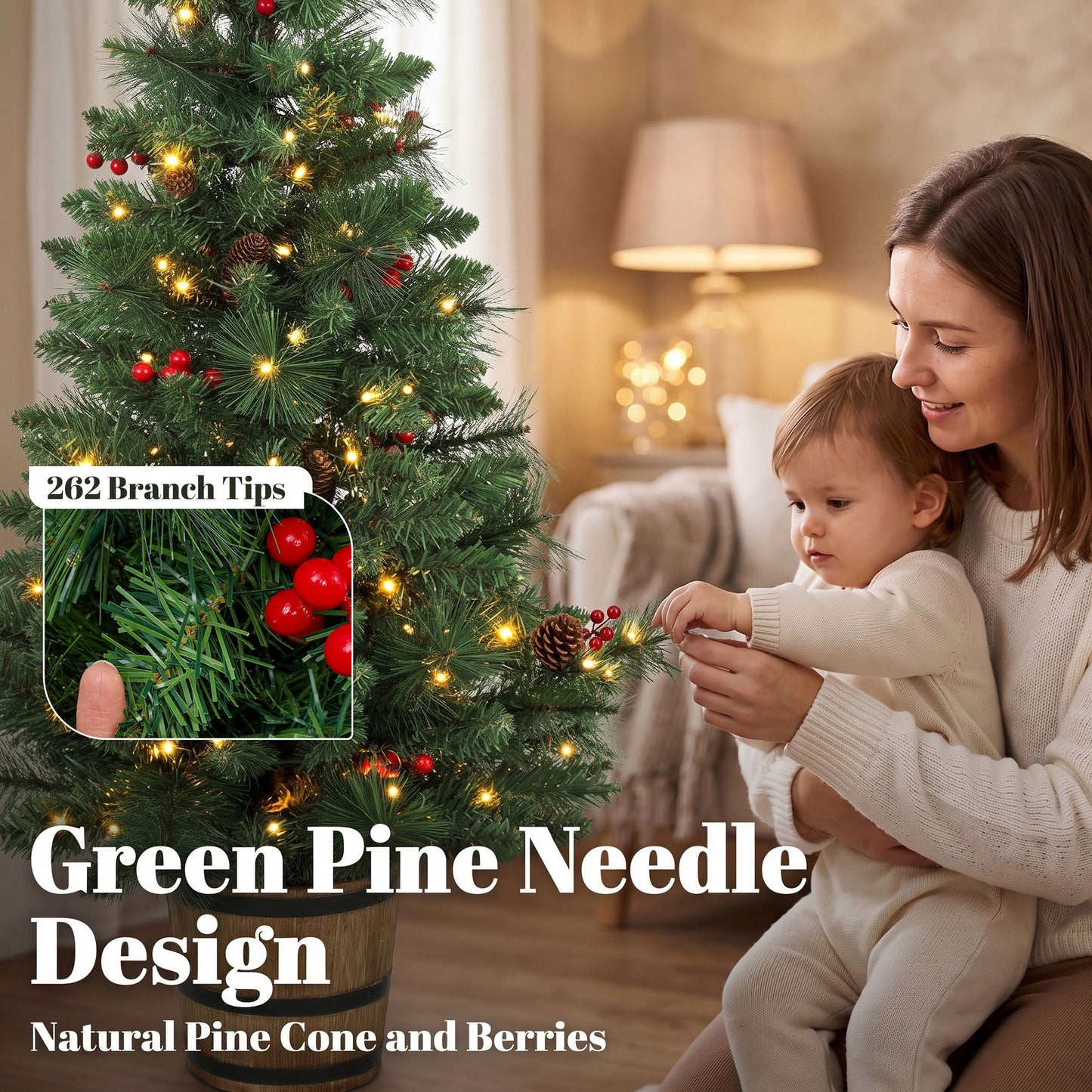 HOMCOM 2 PCs Prelit Christmas Trees with Dual-Colour LEDs, Berry, Pinecones, Battery-Operated, 11 Modes, Pot, Remote, 4ft