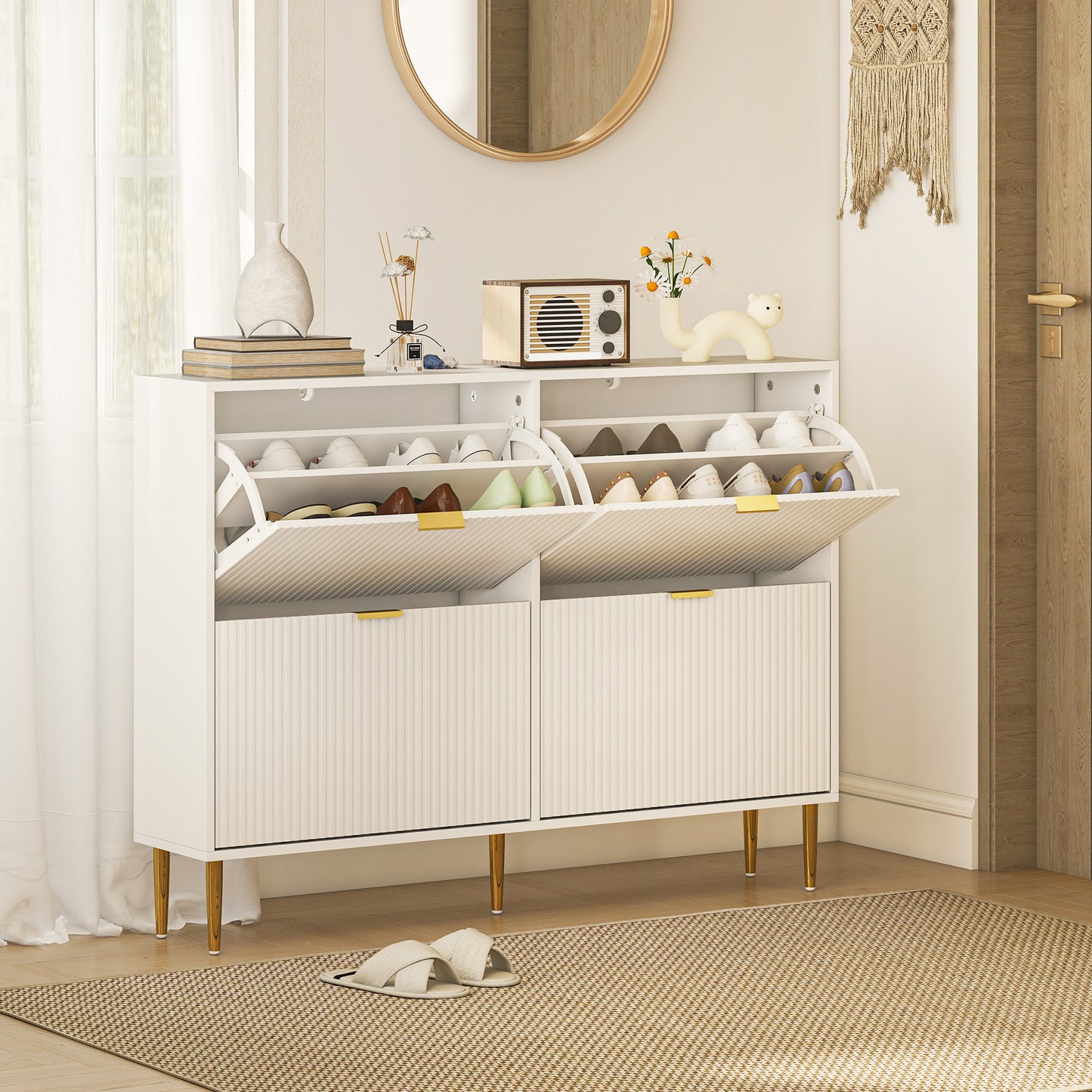 HOMCOM Narrow Shoe Cabinet with 4 Flip Drawers - White