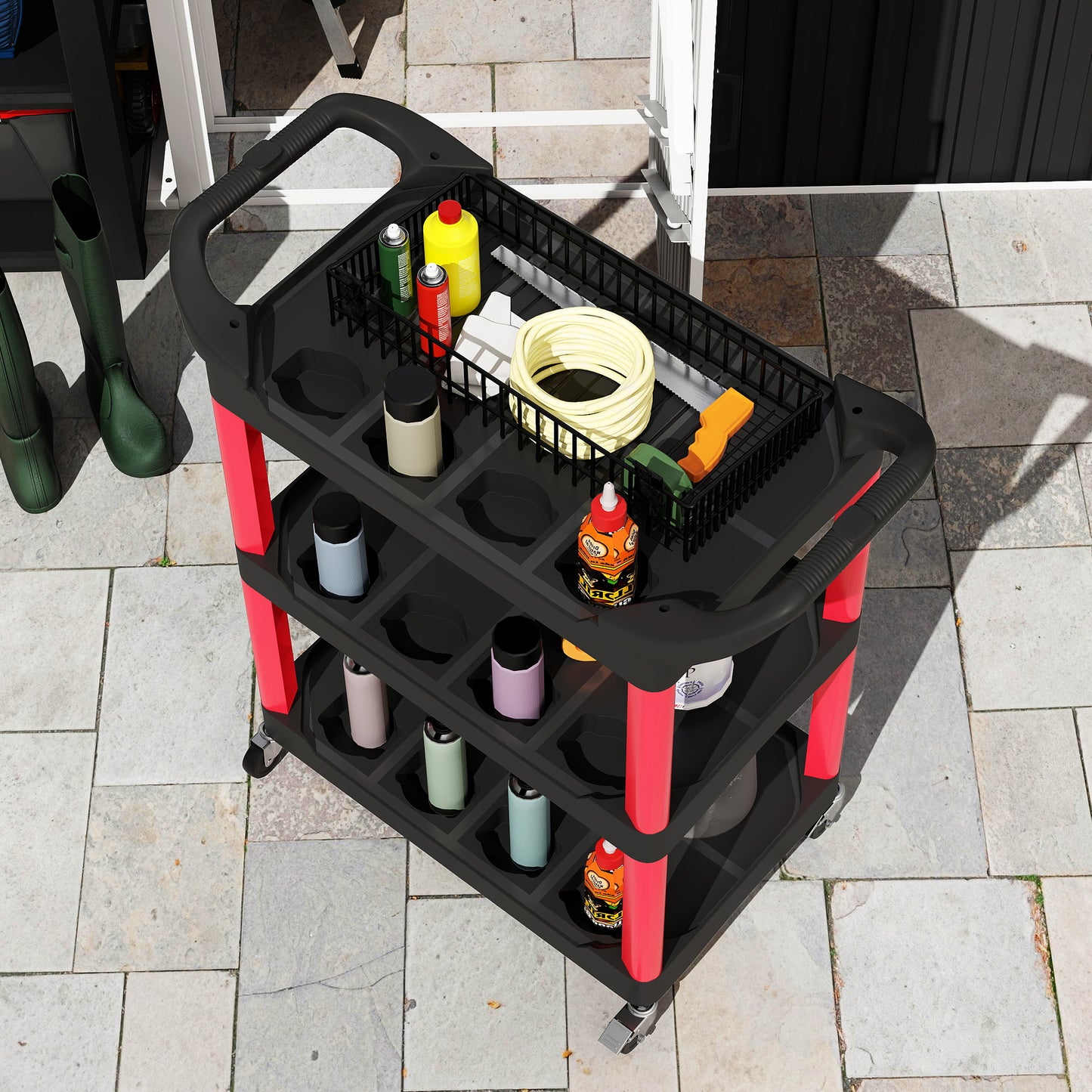 HOMCOM 3-Tier Rolling Tool Cart, Mobile Utility Trolley with Handles, 91kg Capacity for Garage/Mechanics/Warehouse, Black and Red