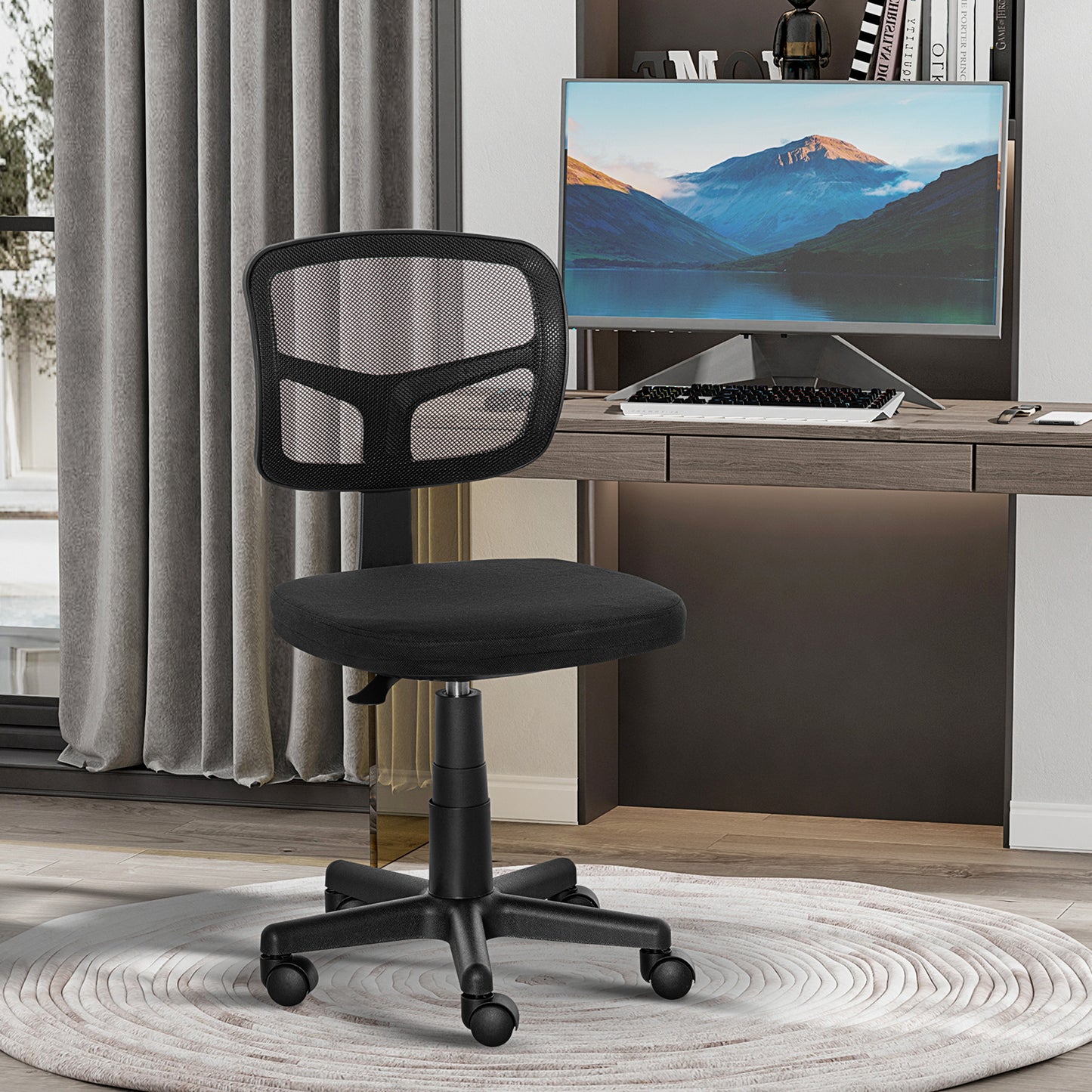 Vinsetto Ergonomic Swivel Mesh Desk Chair, Armless, Curved Back, Height Adjustable, Wheels, 120 kg Capacity, for Home Office, Black.