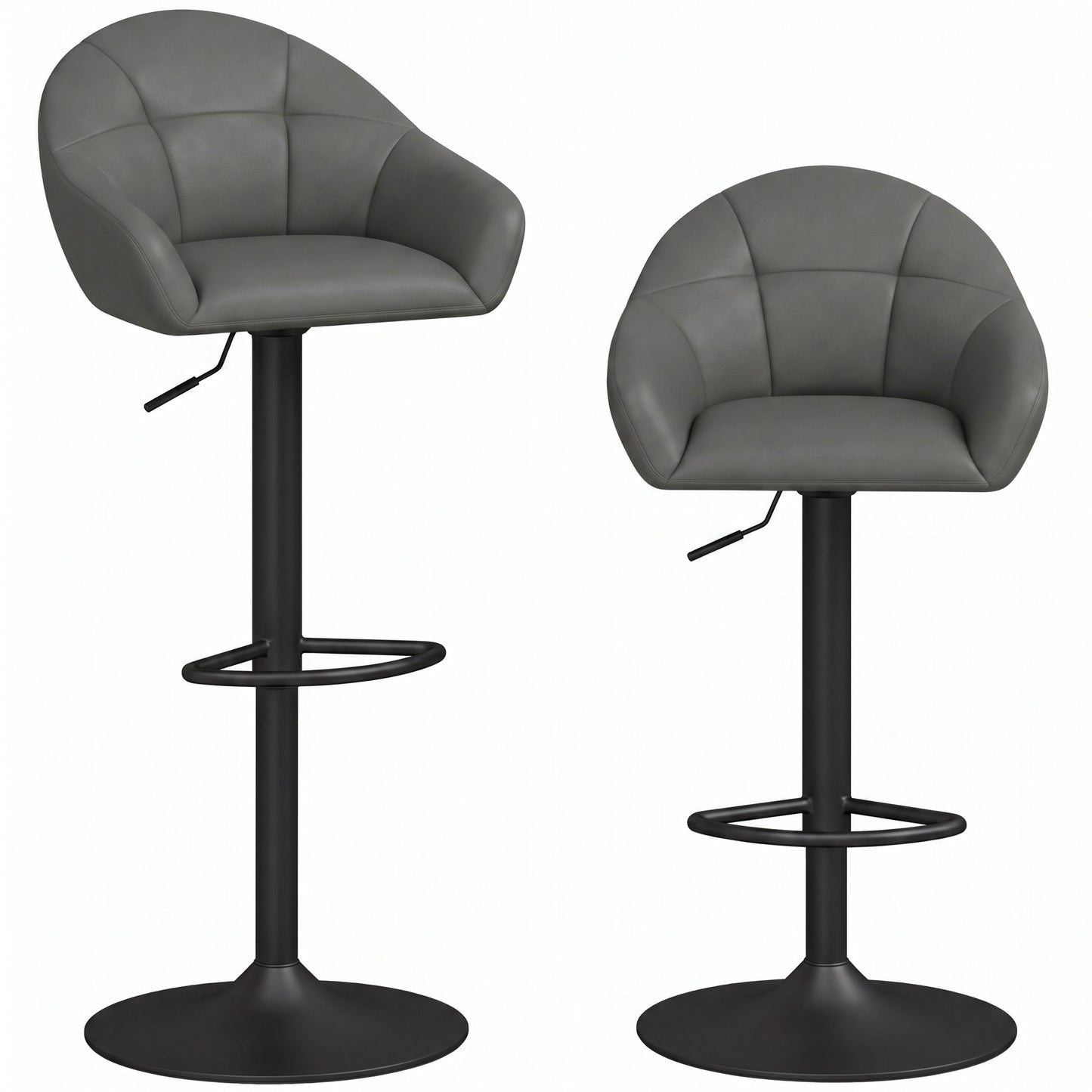 HOMCOM Bar Stools Adjustable Heights Breakfast Bar Stools Backrest Armrests Set of 2 with Rubber Ring Metal Base, Grey