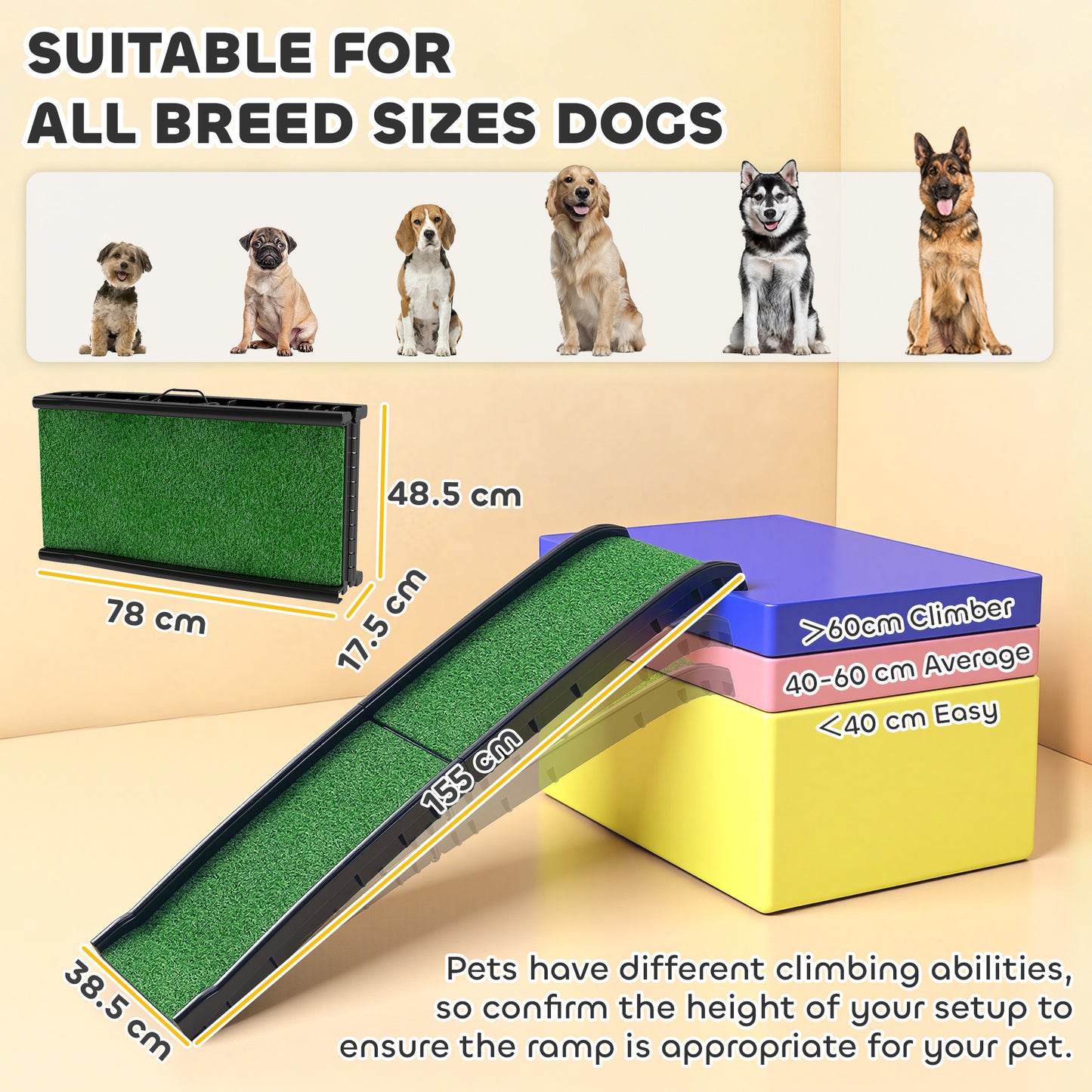 PawHut Foldable Dog Ramp with Artificial Anti-slip Surface, Portable & Lightweight, for Cars, Home, 155 x 38.5 x 15.5 cm