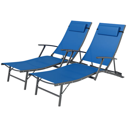 Outsunny Set of 2 Folding Sun Loungers, 4-Position Adjustable with Armrests, Pillows, Steel Frame, Blue